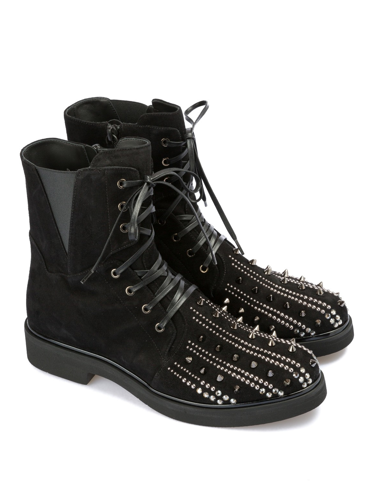 Shop Loriblu Studded Toe Laced-up Suede Combat Boots In Black