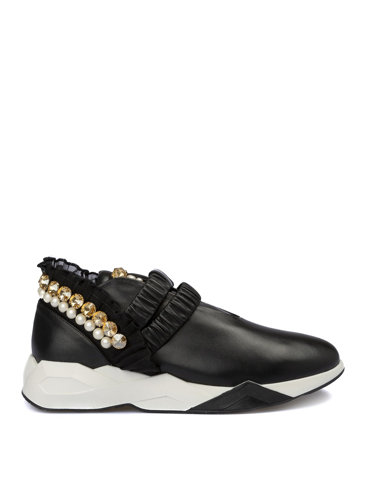 Shop Loriblu Pearl Embellished Leather Slip On Sneakers In Negro