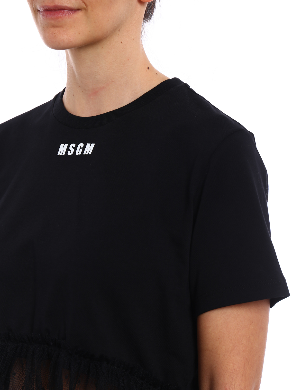 M.S.G.M. Tulle peplum crop Tee - Black - Women|2341MDM91Y17477699