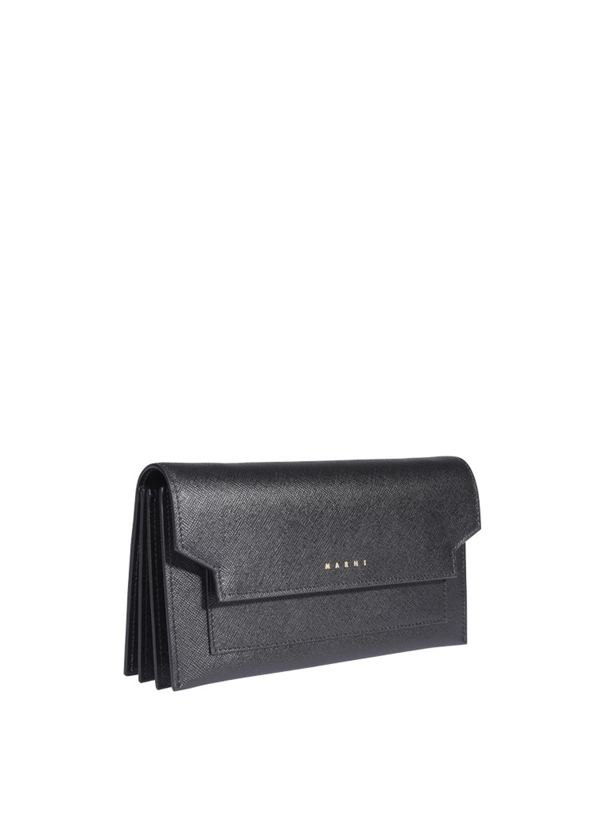 Black Saffiano And Leather Wallet With Shoulder Strap