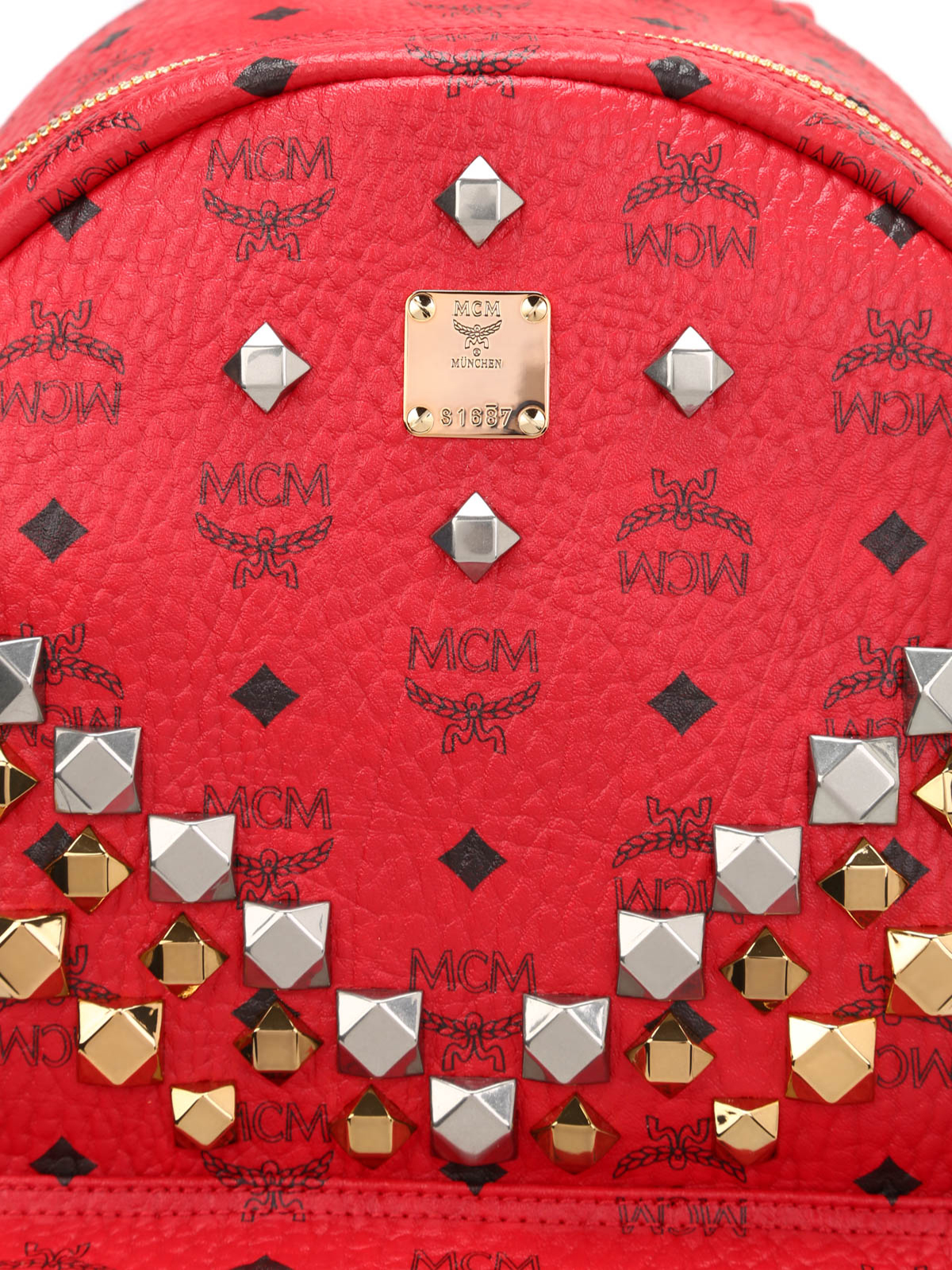 MCM Munchen Stud Medium Backpack Red