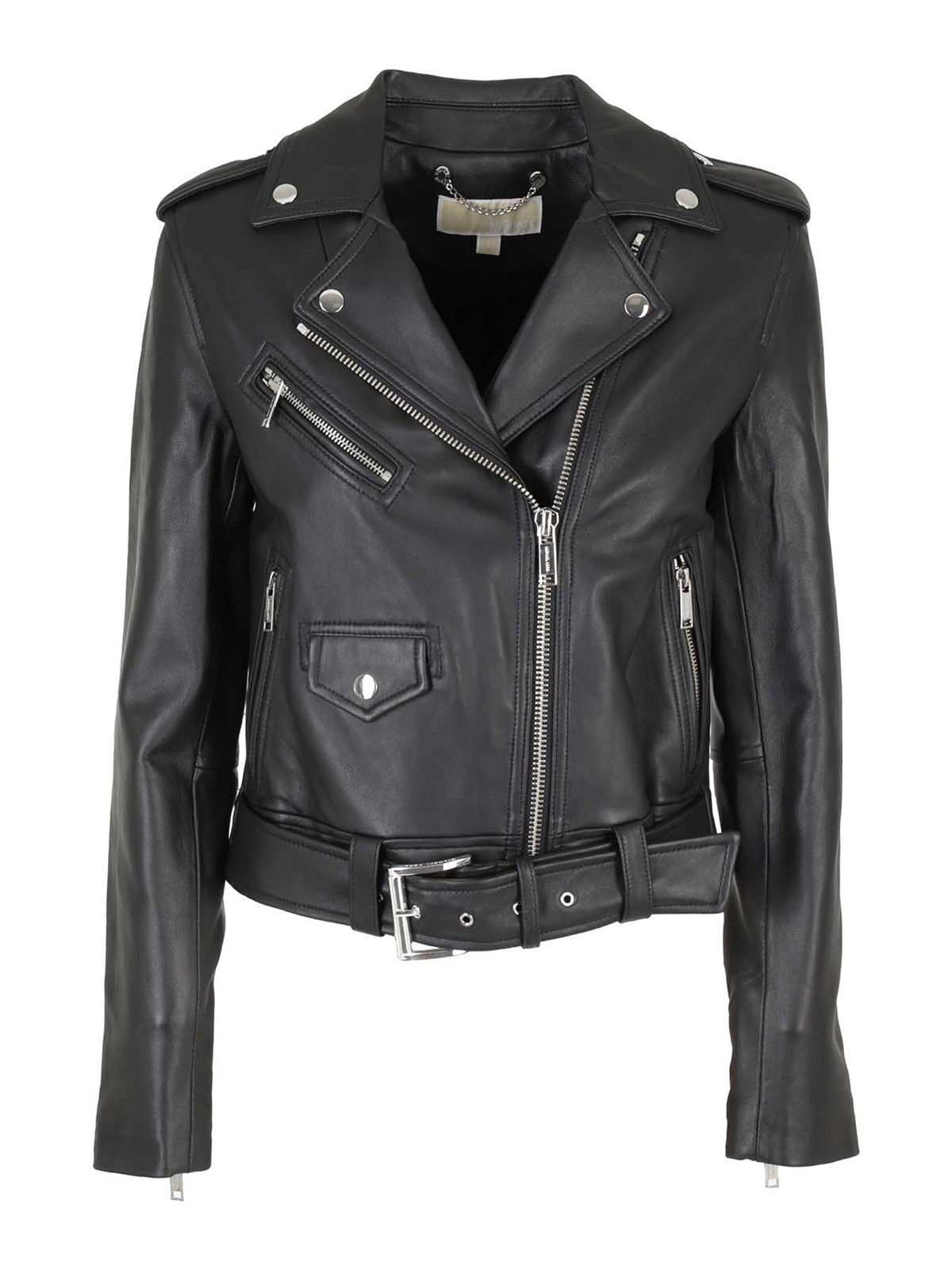 Shop Michael Kors Cropped Leather Moto Jacket In Black