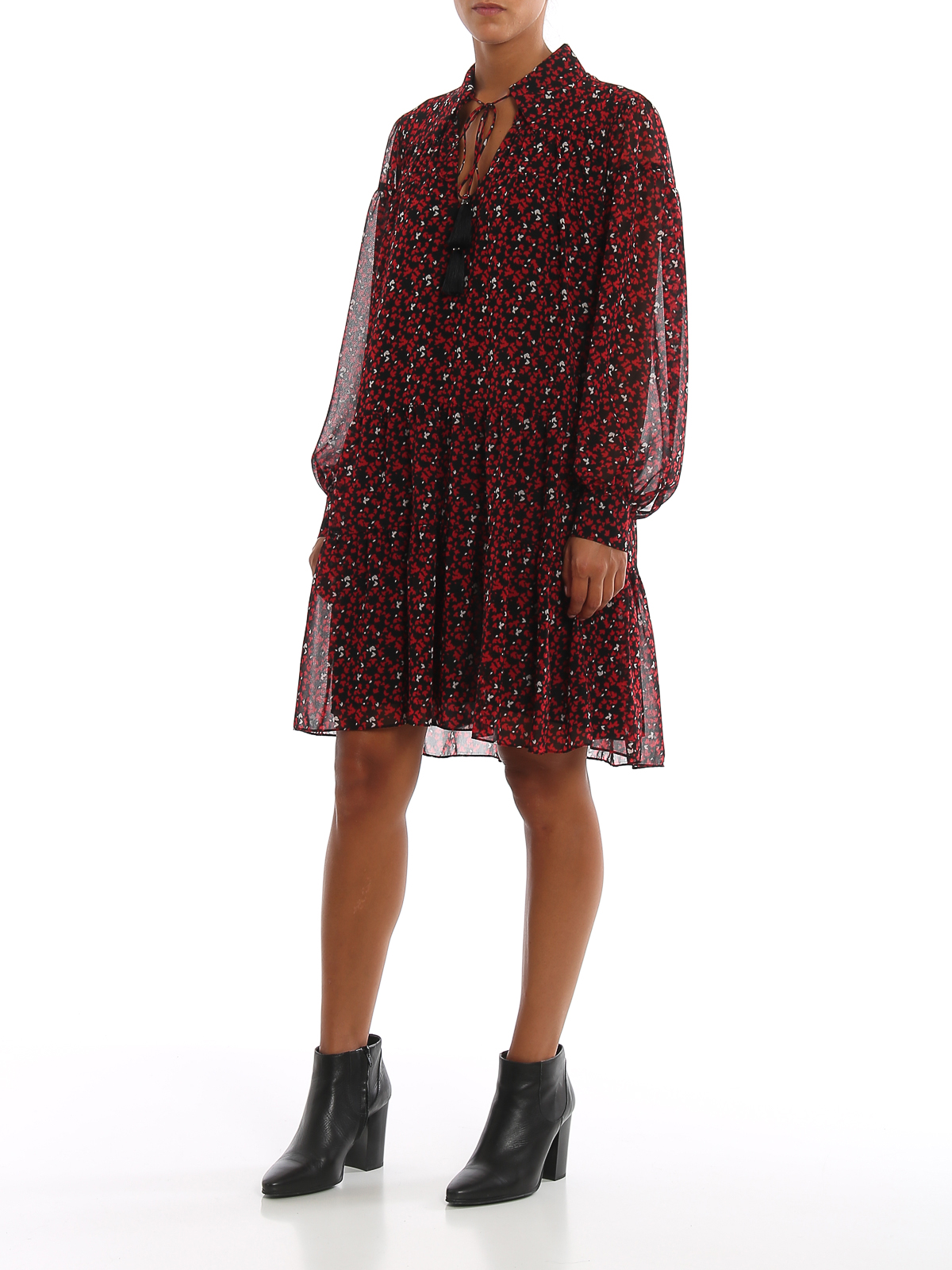 michael kors red polka dot dress Michael Kors Womens Mini Sweater Dress Black Scarlet Polka Tiered Ruffle  Hem M