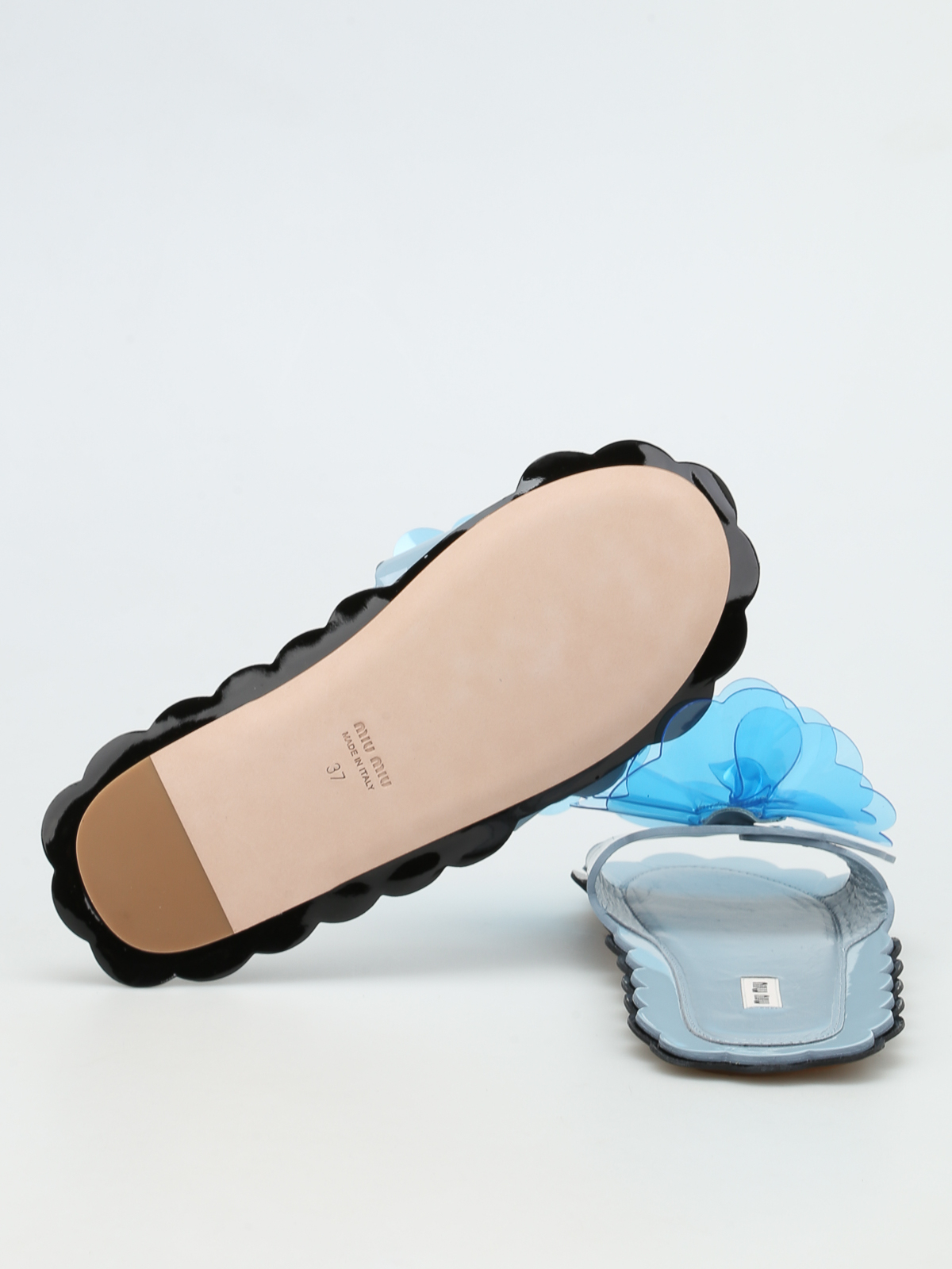 Miu Miu Flower detail patent slide sandals | 5XX1983R04F0C9N07