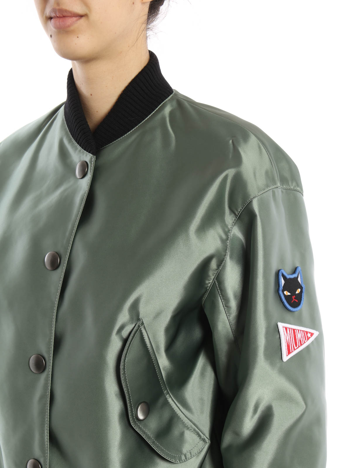 Miu Miu Patch satin bomber jacket - Green - Women Miu Miu Patch satin bomber jacket - Green - Women