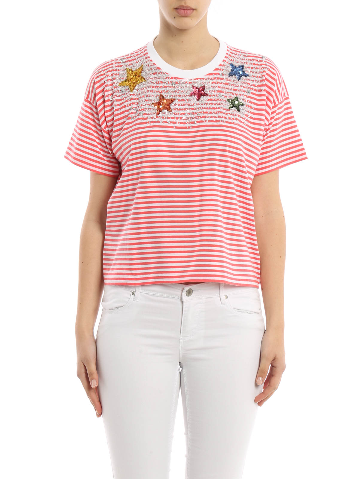 Miu Miu Embellished striped T-shirt - Light Red Miu Miu Embellished striped T-shirt - Light Red
