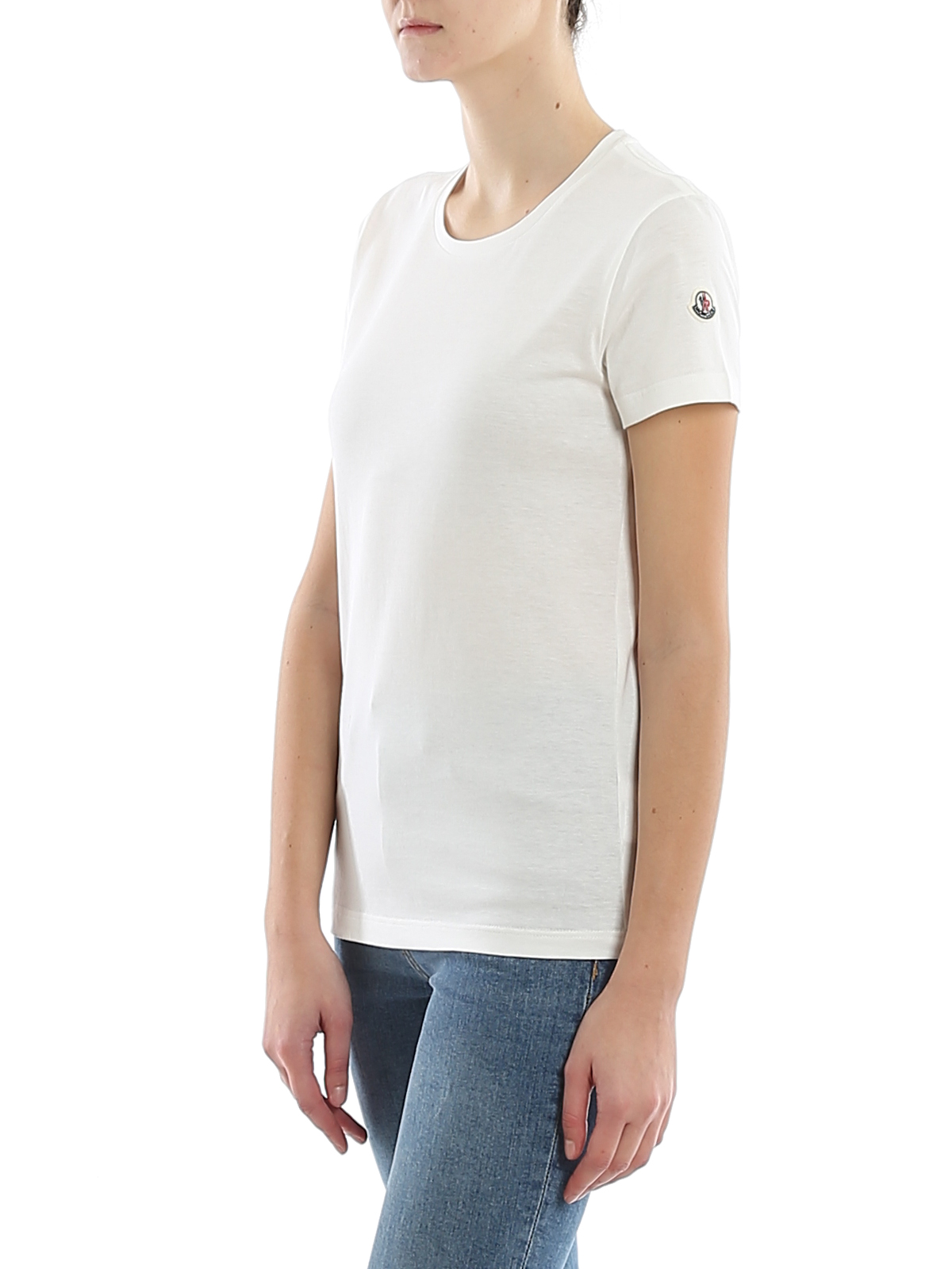 Shop Moncler Cotton T-shirt With Logo Patch At Sleeve In White