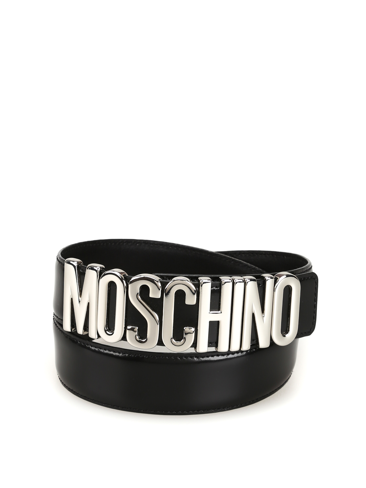 Moschino Logo Lettering Black Patent Leather Belt In Negro
