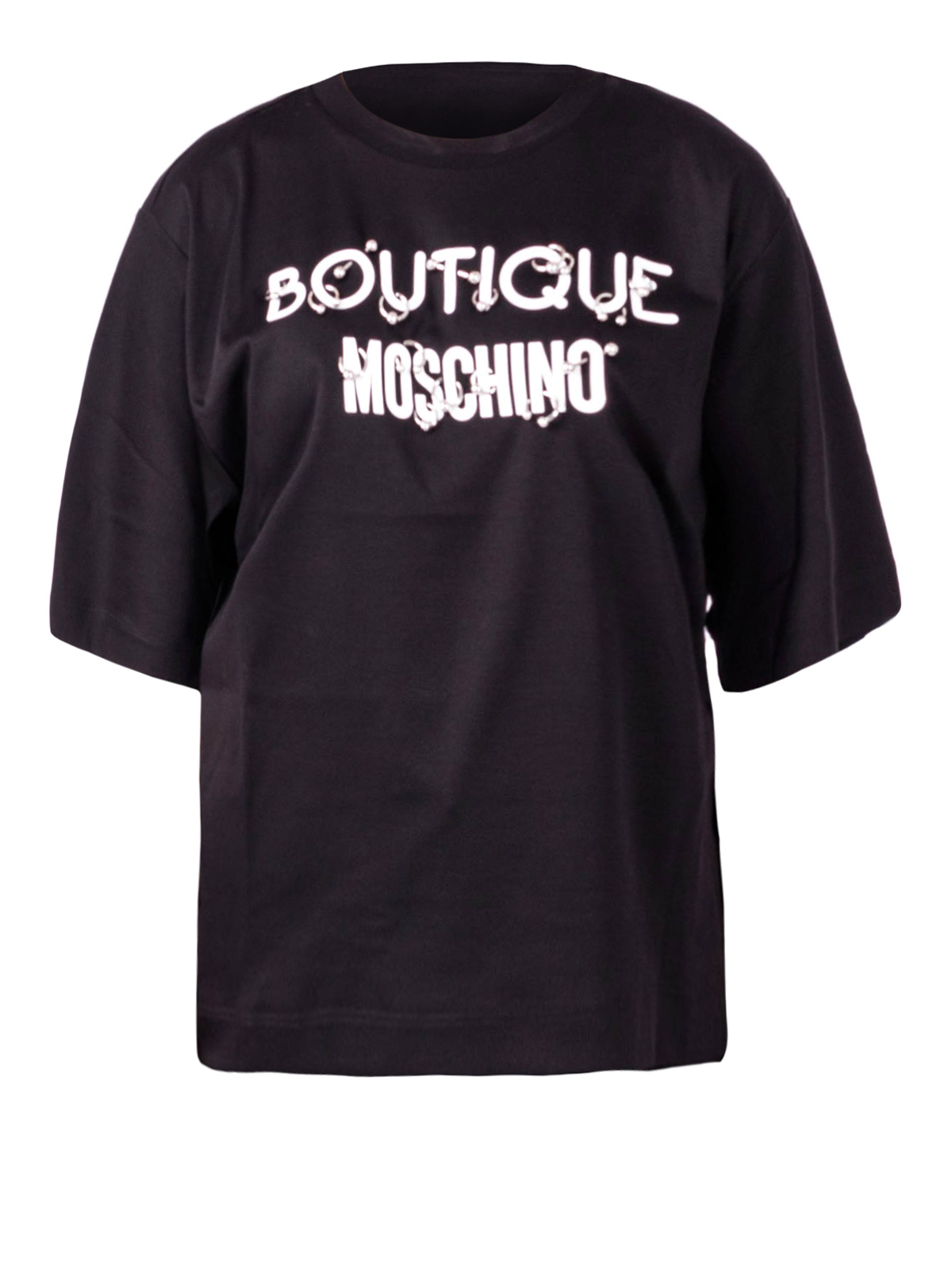 Tシャツ・カットソー MOSCHINO Women Tunic Tops 0418 J0803 0555 Black Moschino Boutique Piercing Logo black over T-shirt