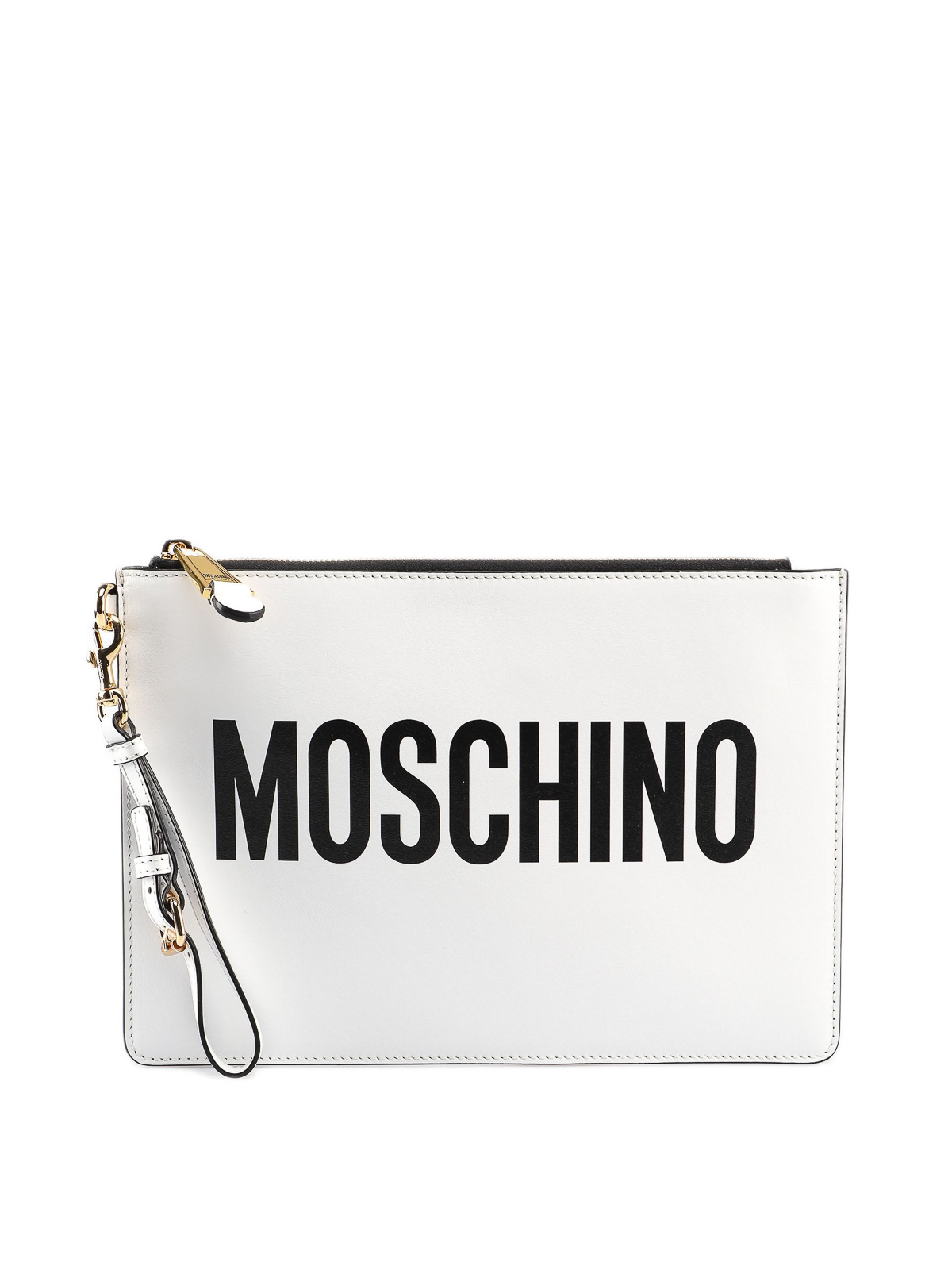 Moschino White Logo Print Leather Clutch In Blanco