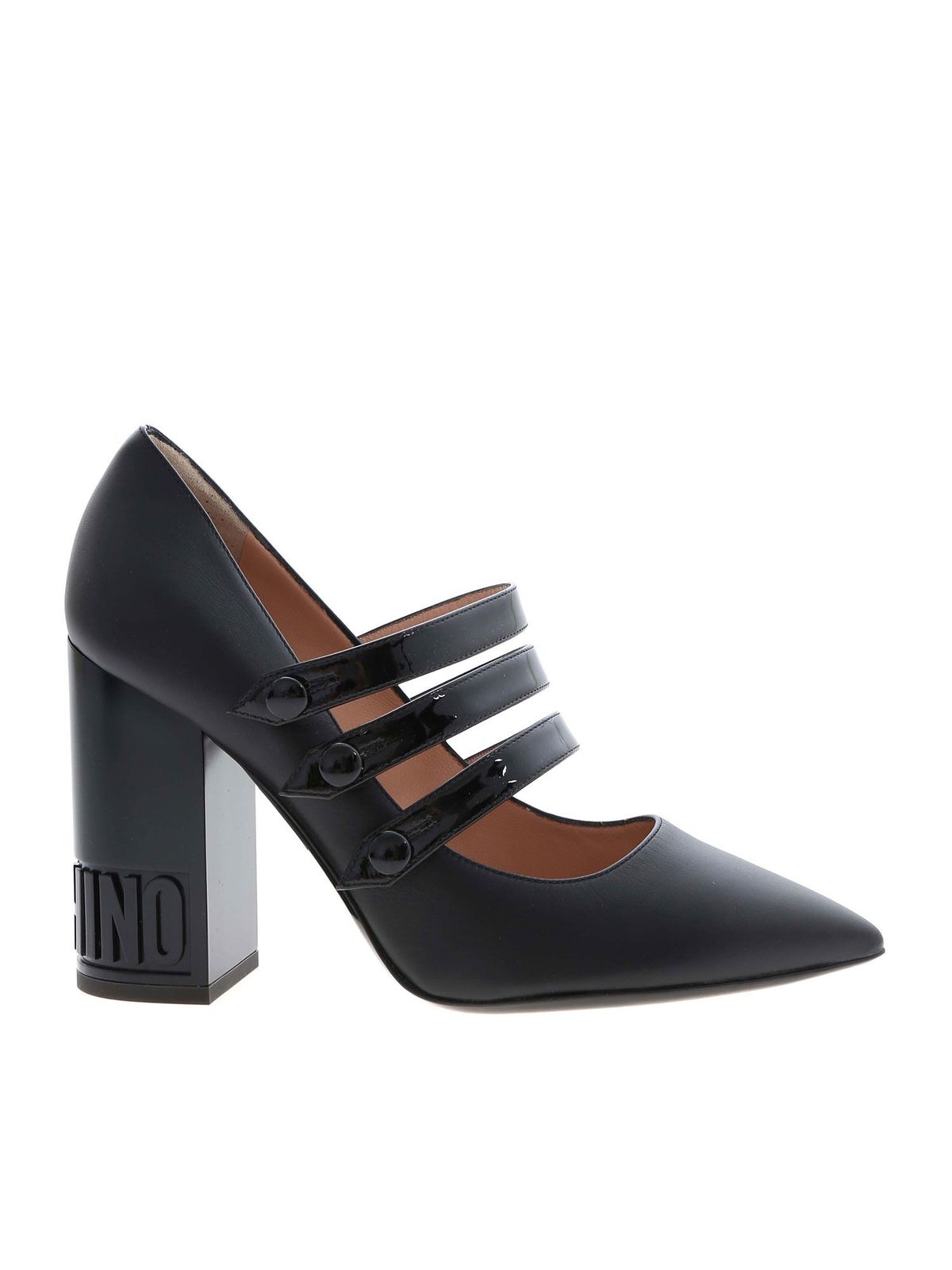 Shop Moschino Branded Heel Pointed Toe Pumps In Black In Negro