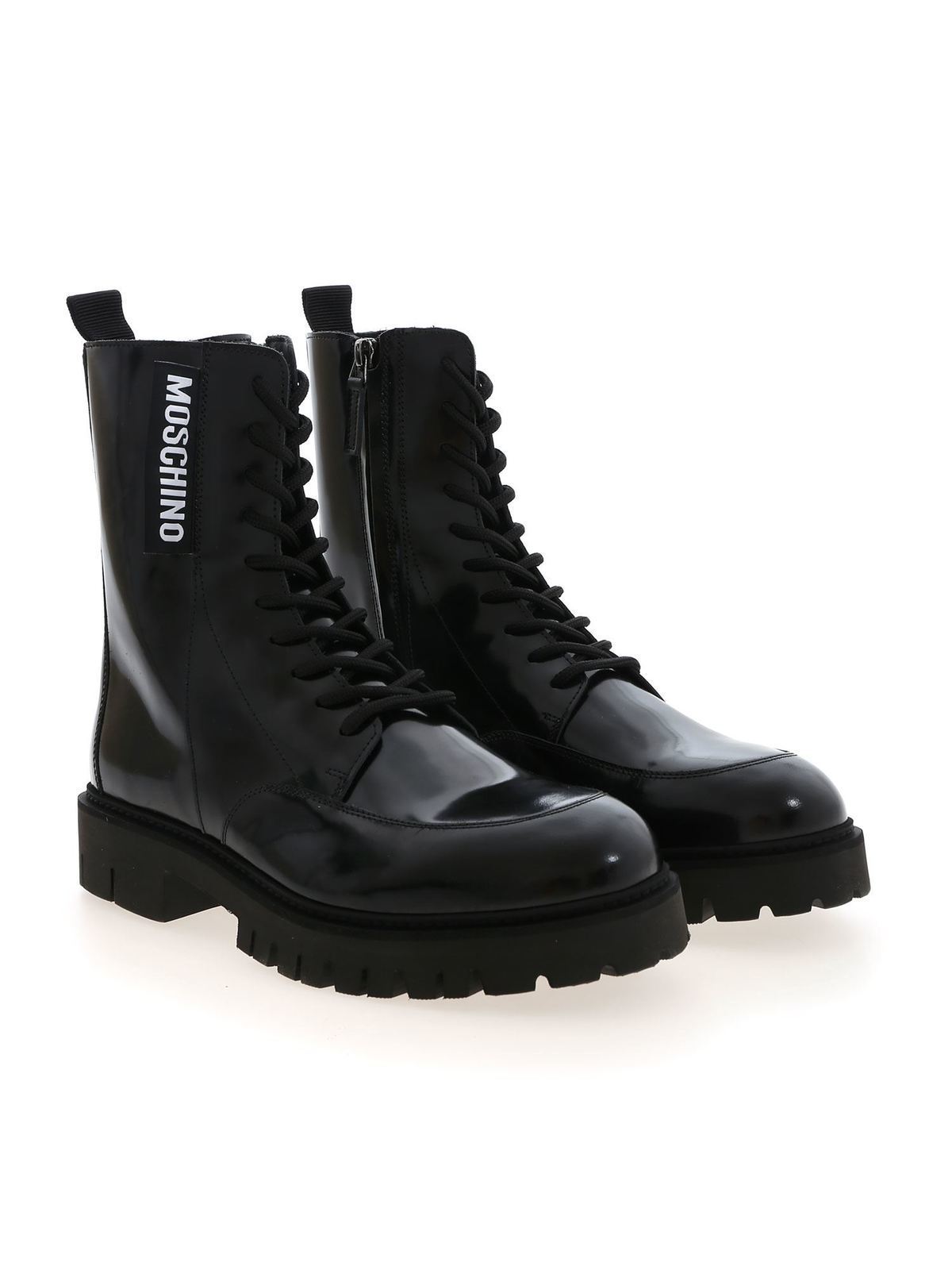 Shop Moschino Label Ankle Boots In Black In Negro