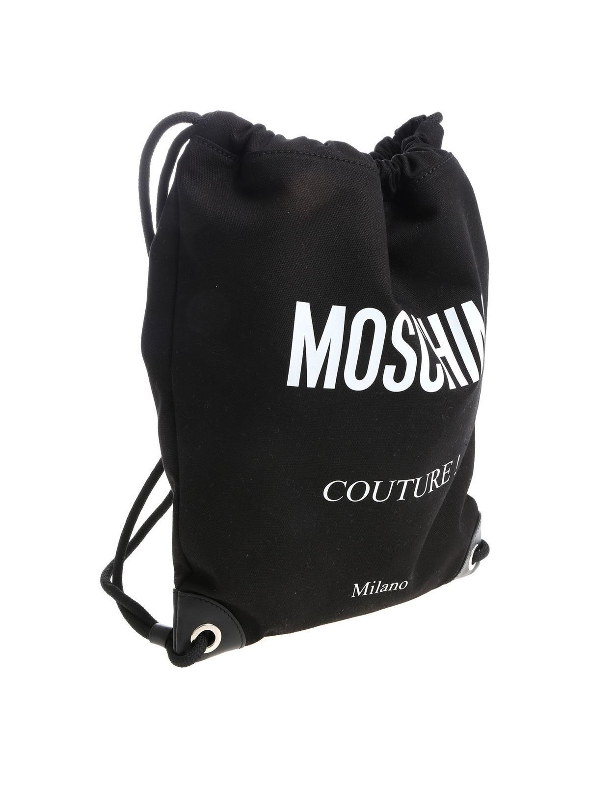 Shop Moschino Black Drawstring Bag With Fabric Logo In Negro