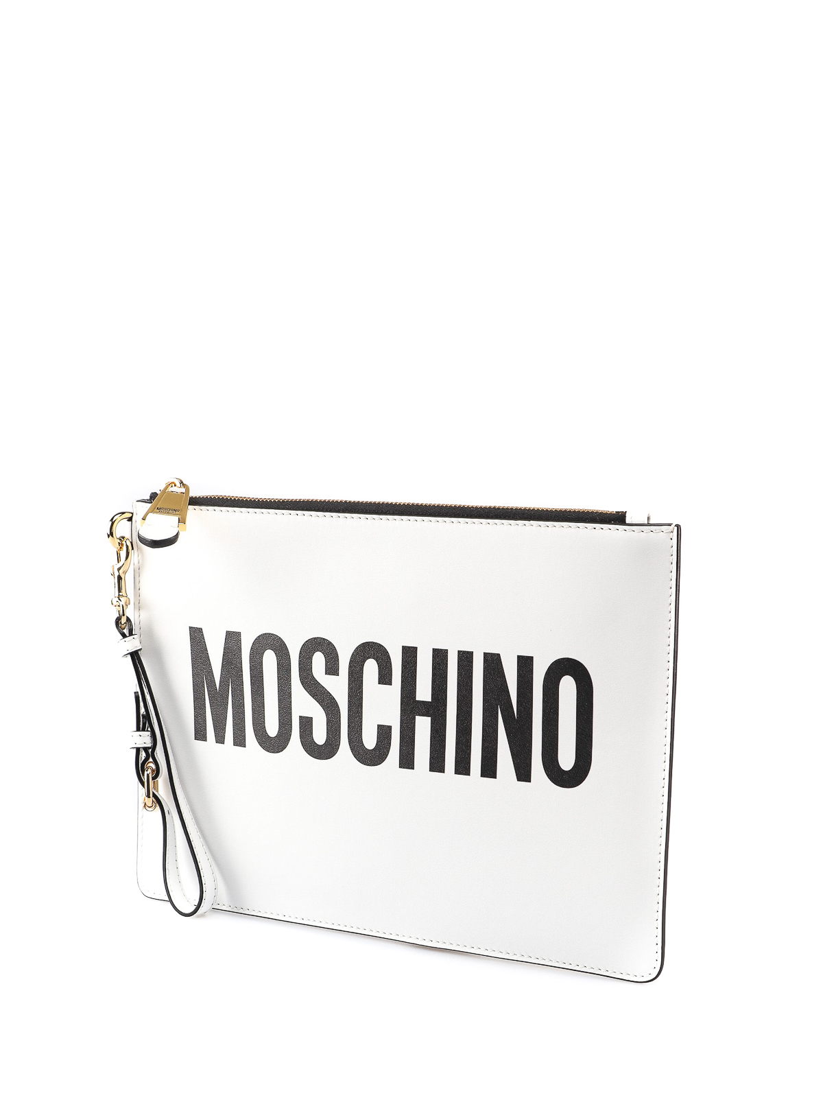 Shop Moschino White Logo Print Leather Clutch In Blanco