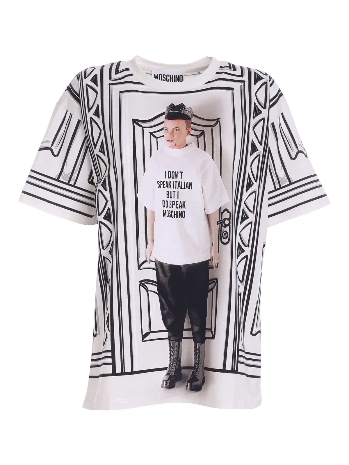 Tilgivende Tordenvejr oprindelse T-shirts Moschino - Printed T-shirt in black and white - 071604403888