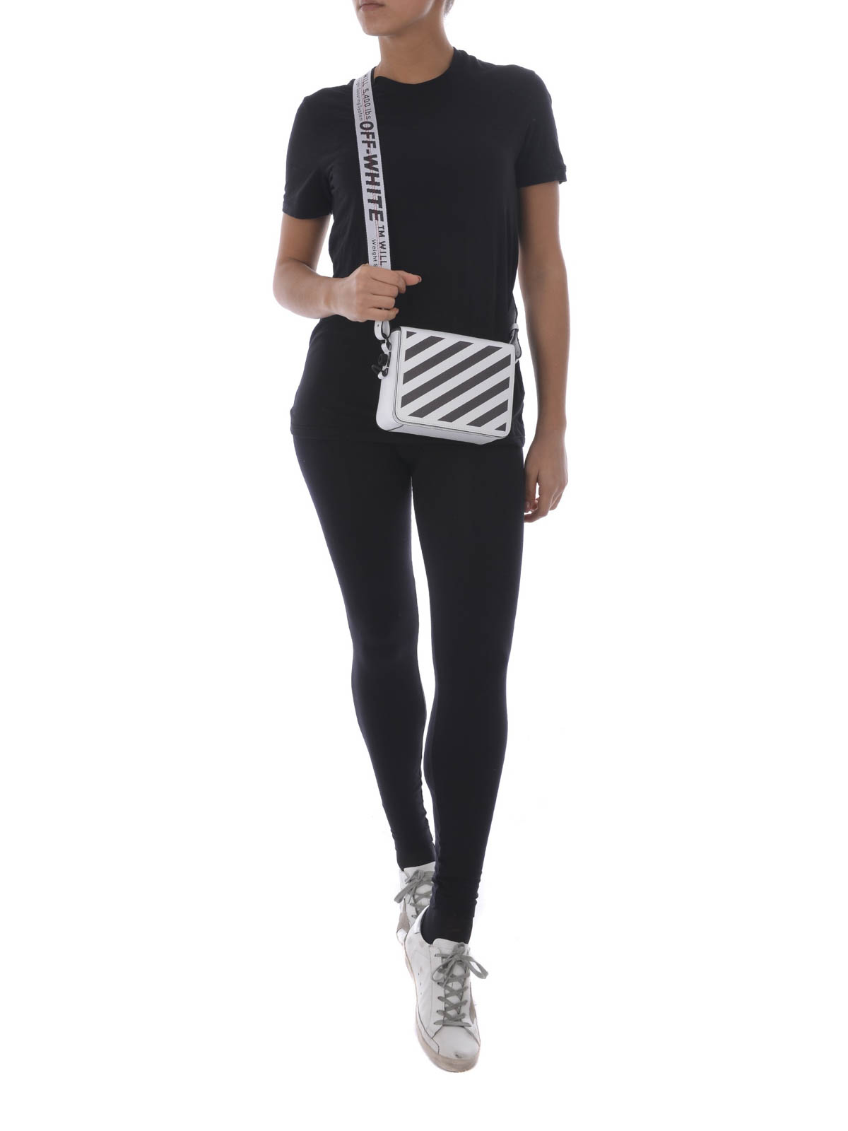 OFF-WHITE Saffiano Striped Mini Diag Binder Clip Bag White Black 1198436