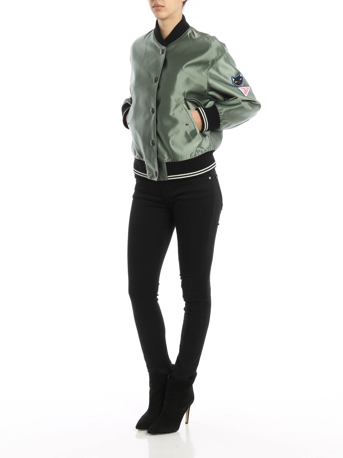 Green satin miu discount miu bomber jacket