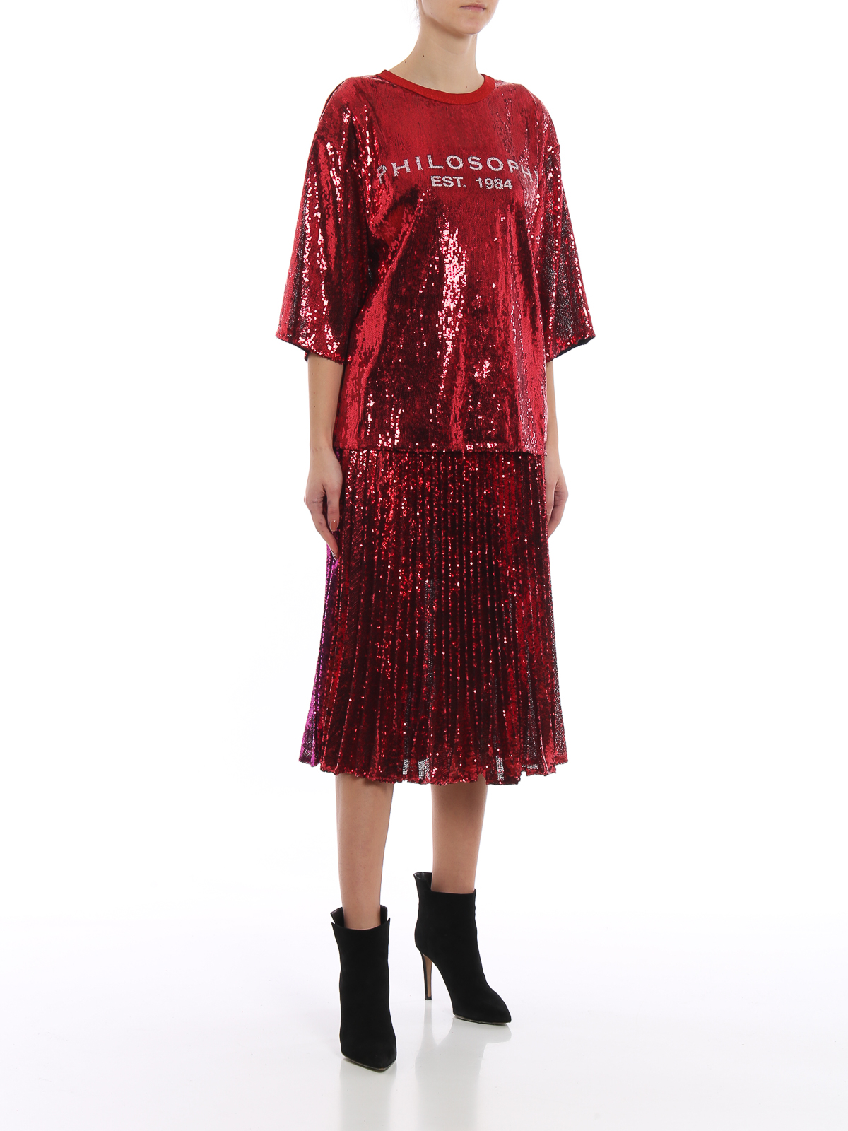 Tシャツ・カットソー PHILOSOPHY DI LORENZO SERAFINI Woman T-Shirt Red Philosophy di Lorenzo Serafini Red sequined over T-shirt
