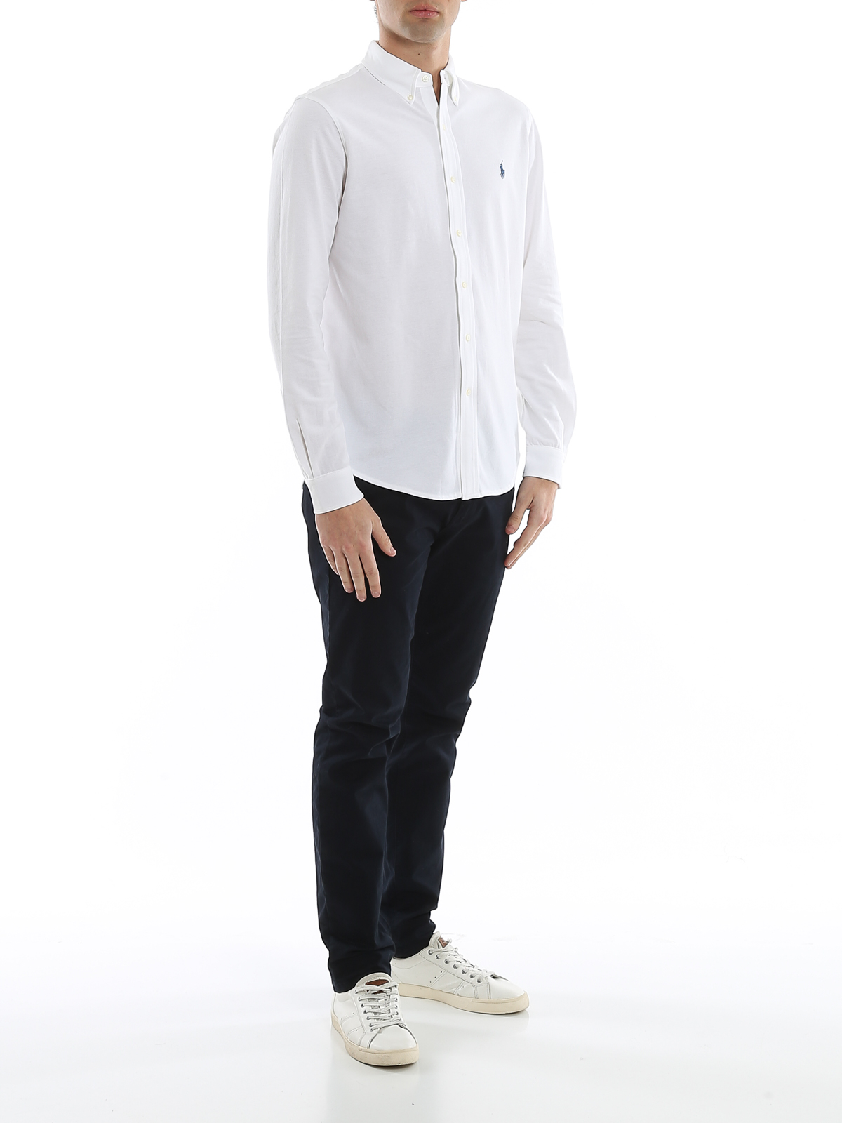 Shop Polo Ralph Lauren Logo Embroidery Slim Cotton Pique Shirt In White
