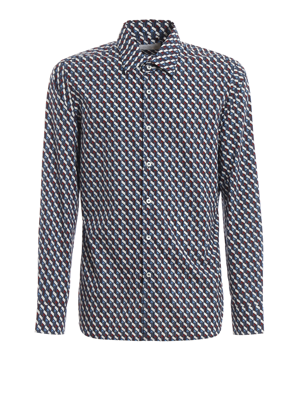 Prada Geometric Patterned Poplin Shirt In Blue
