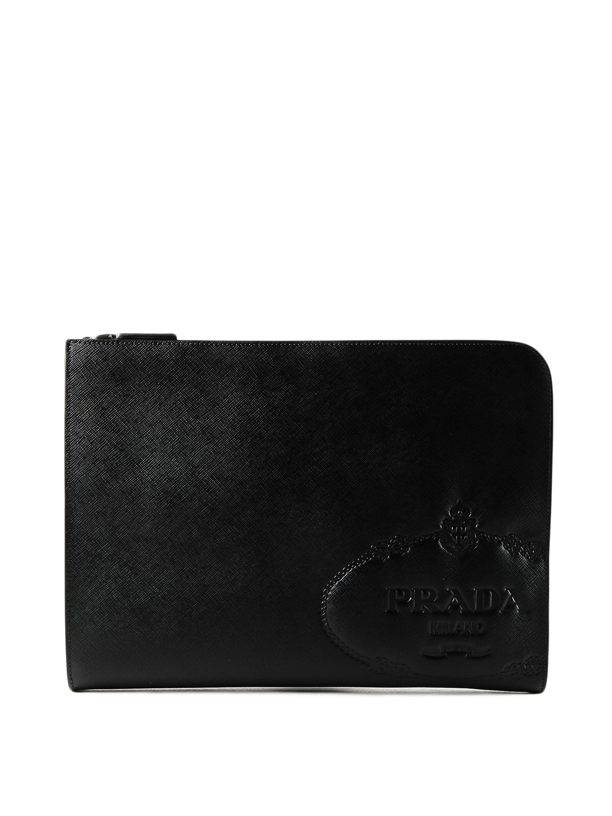 Logo Embossed Leather Card Holder in Black - Prada