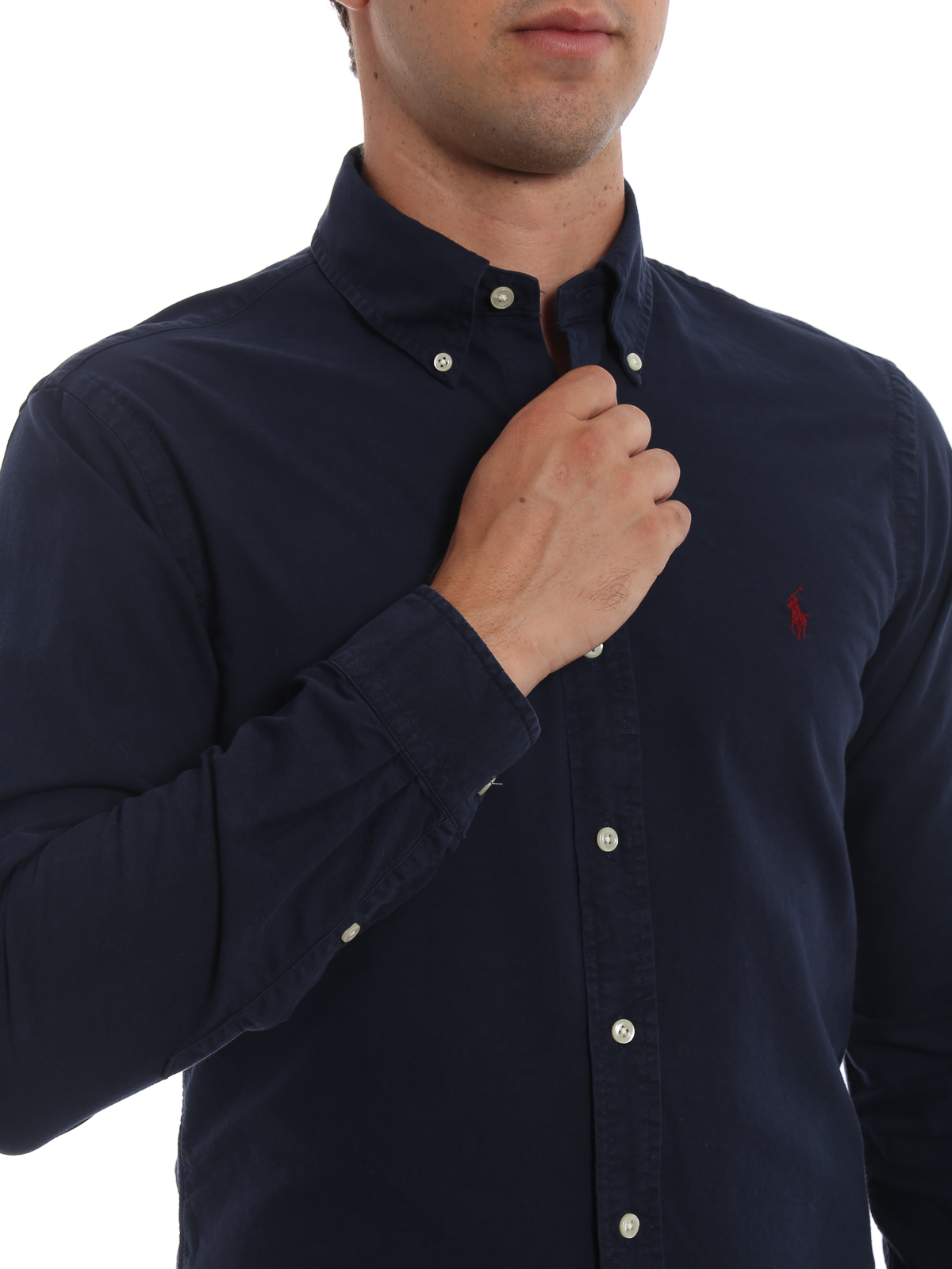 Shop Ralph Lauren Slim Fit Blue Cotton Button-down Shirt In Dark Blue