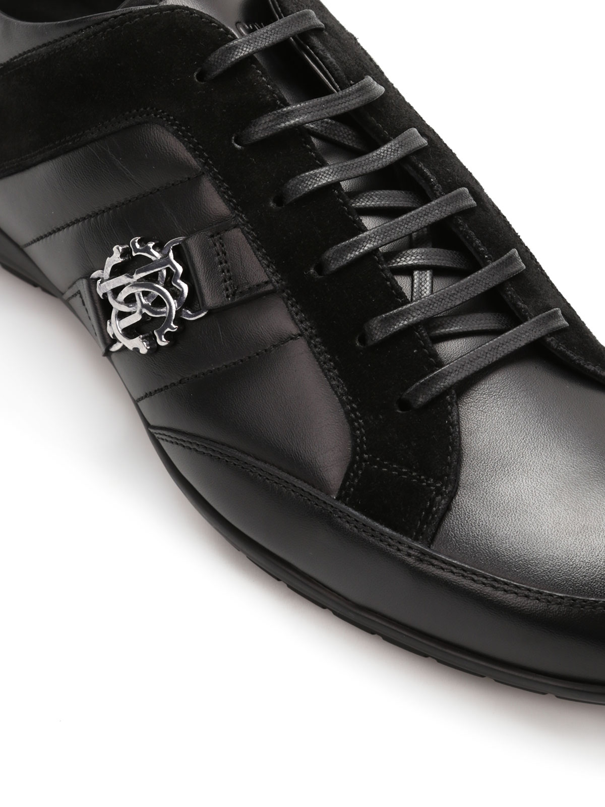 Shop Roberto Cavalli Leather Trainers In Black