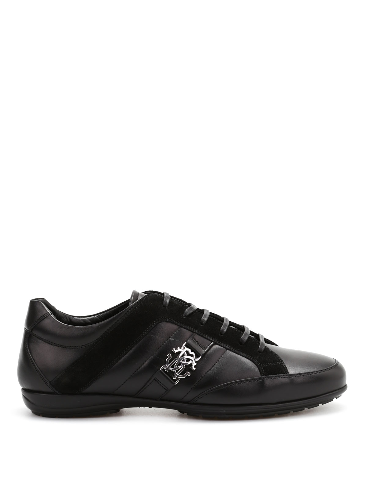 Shop Roberto Cavalli Leather Trainers In Black