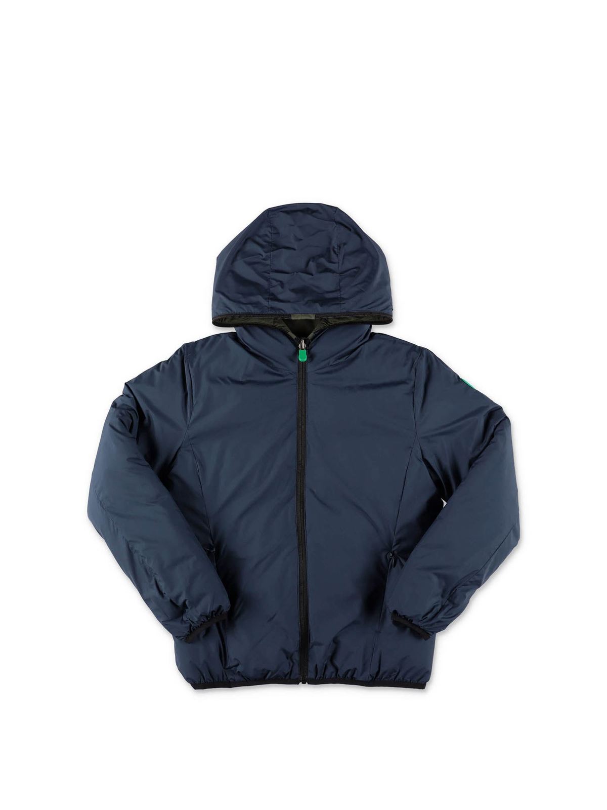 Reversible down jacket in green and blue