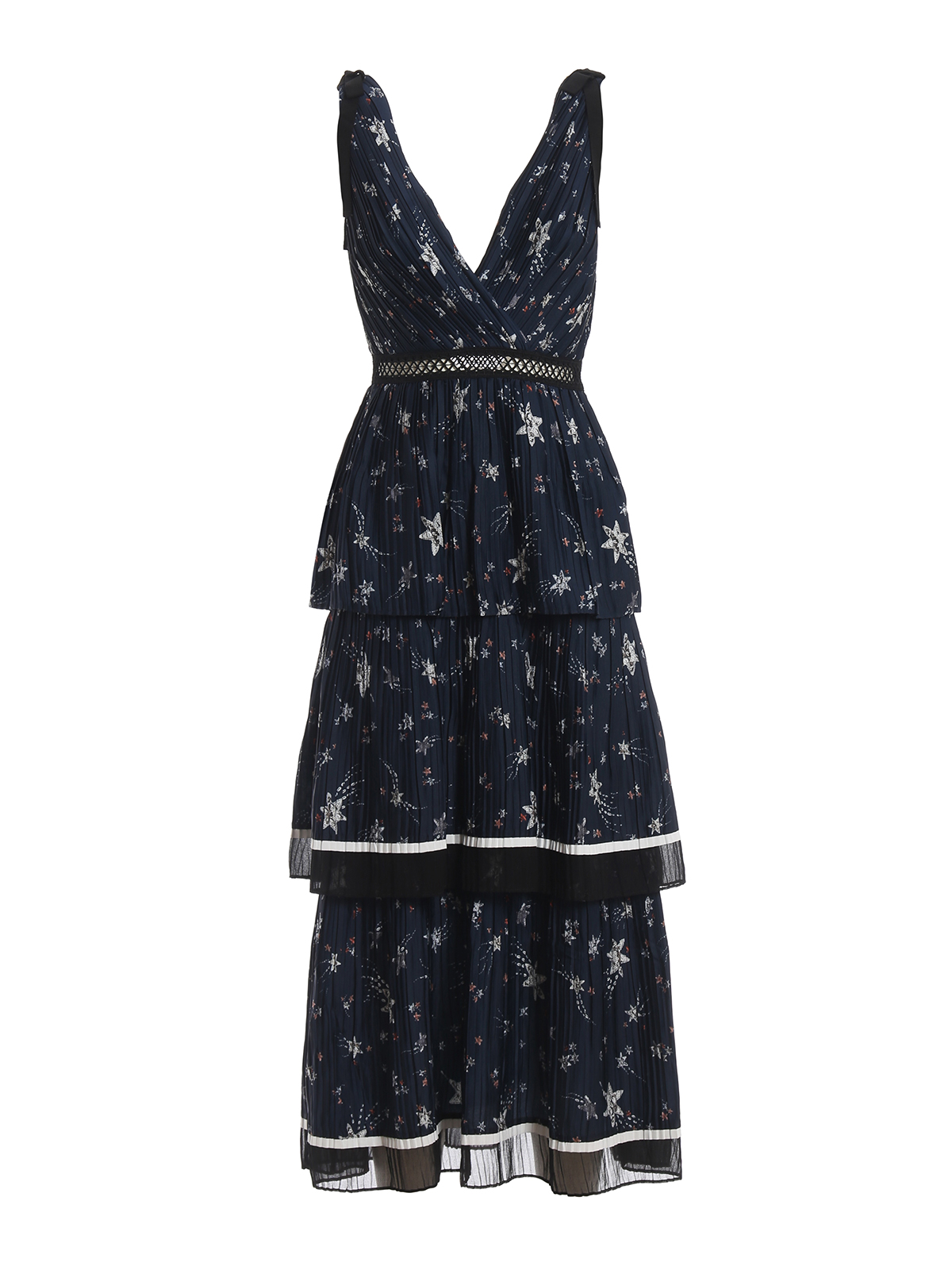 Self Portrait Star printed satin pleated dress - Blue|SP20119M