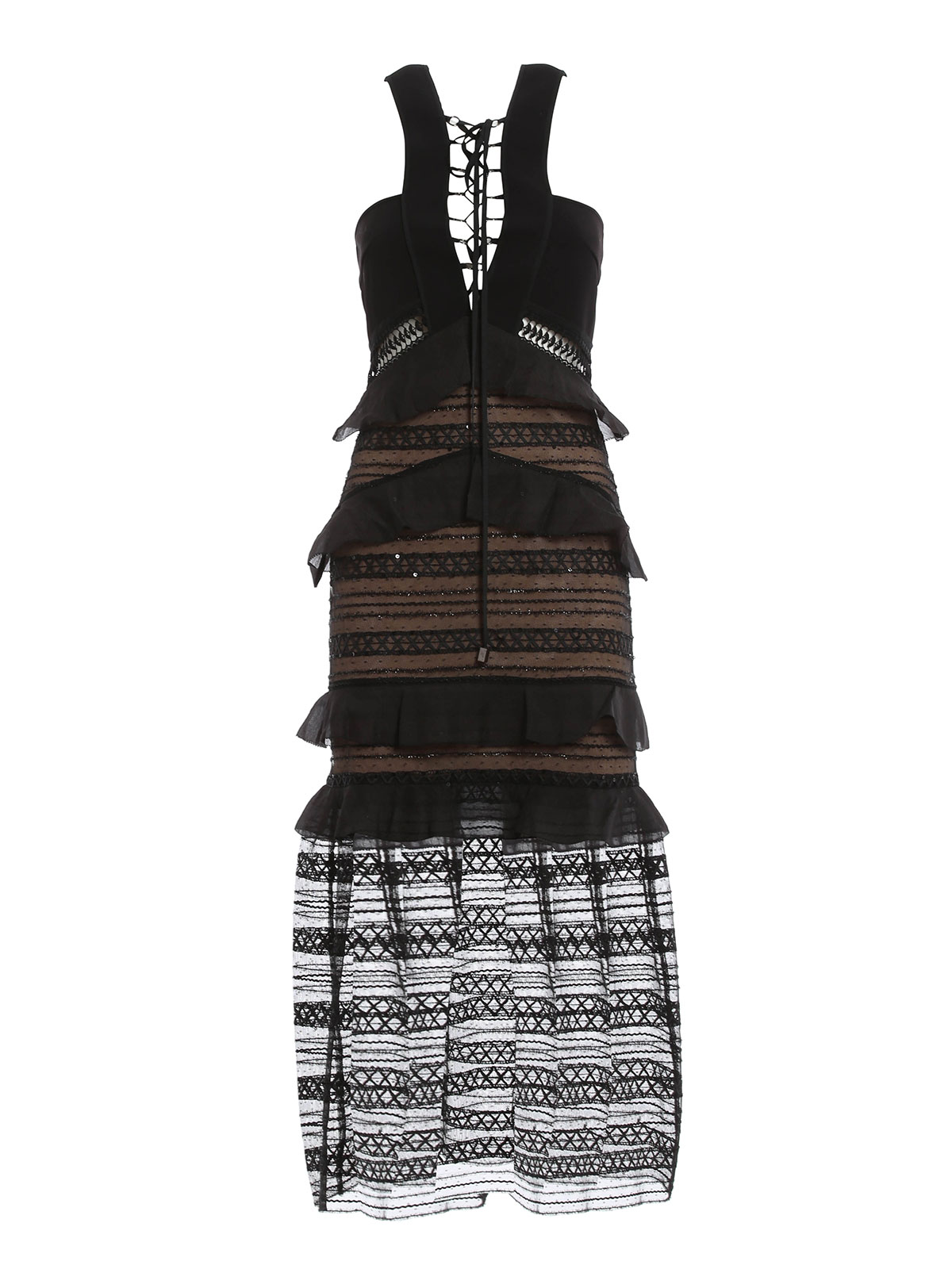 knee length dresses for ladies OFF-SHOULDER FLORAL LACE COLUMN DRESS IN BLACK | CULT MIA main image 0