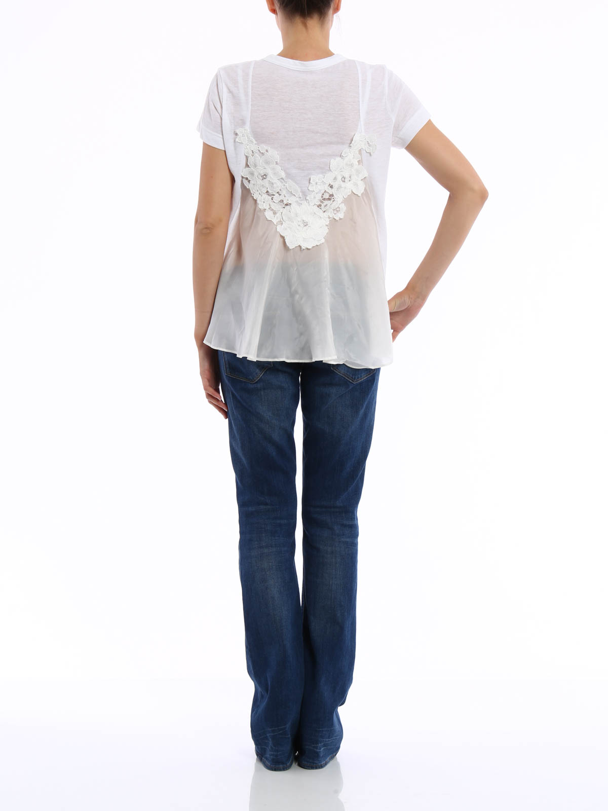 Sacai Luck T-shirt with top and lace inserts - White|1602627011