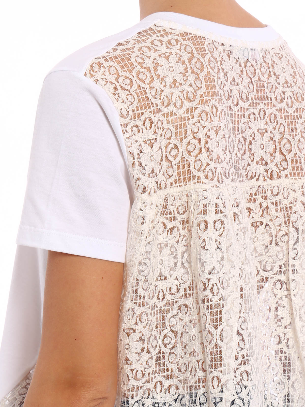 Valentino Red Lace and cotton t-shirt - White|KR0MG03L2C40BO