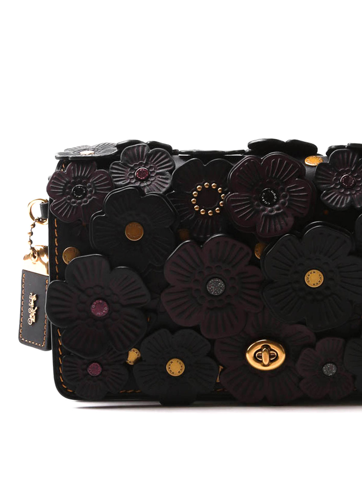 COACH BLACK LEATHER TEA ROSE EMBELLISHED TURNLOCK CARD CASE