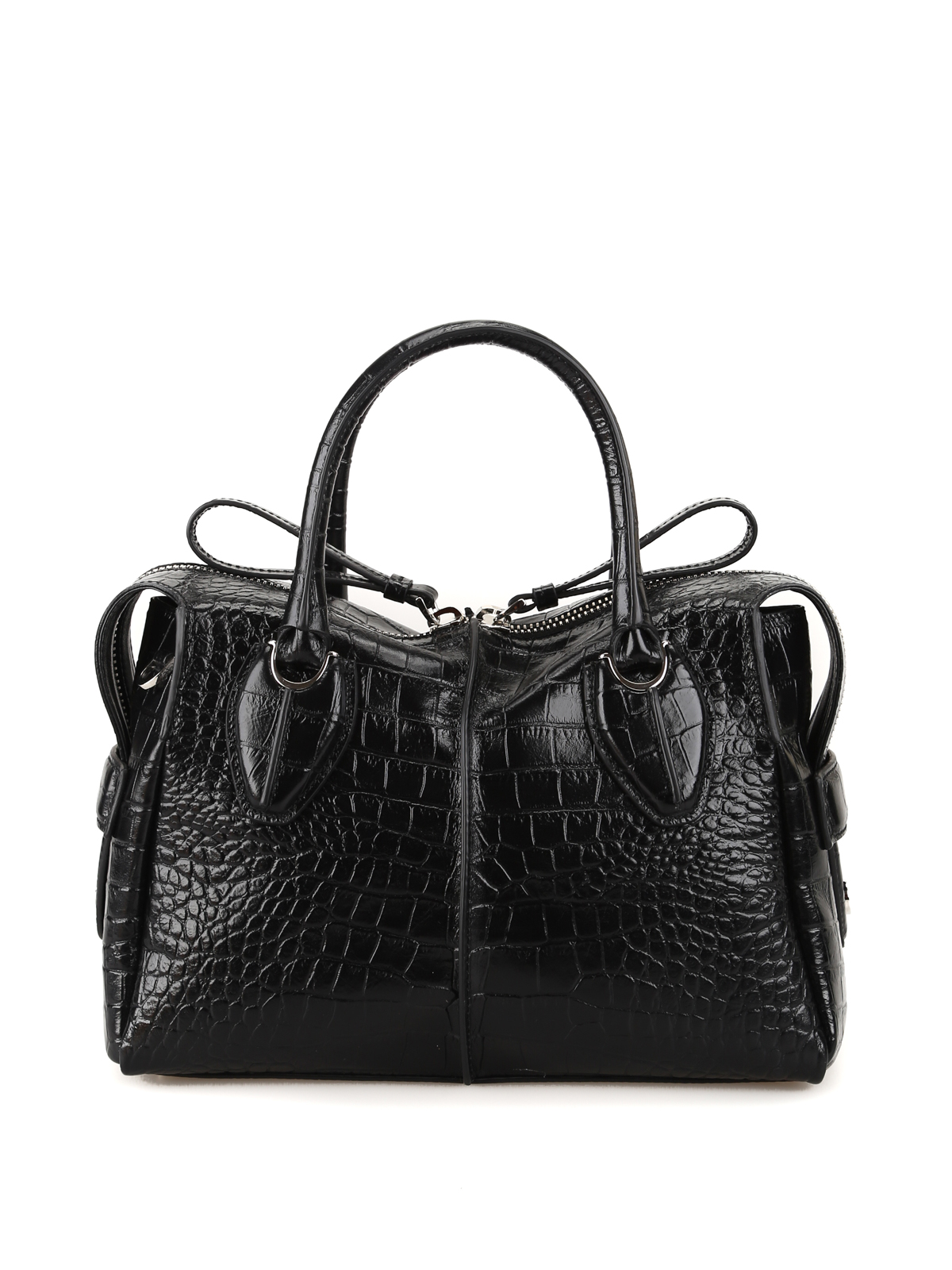 Leather bowling bag in crocoleather, Black with long shoulderbelt.