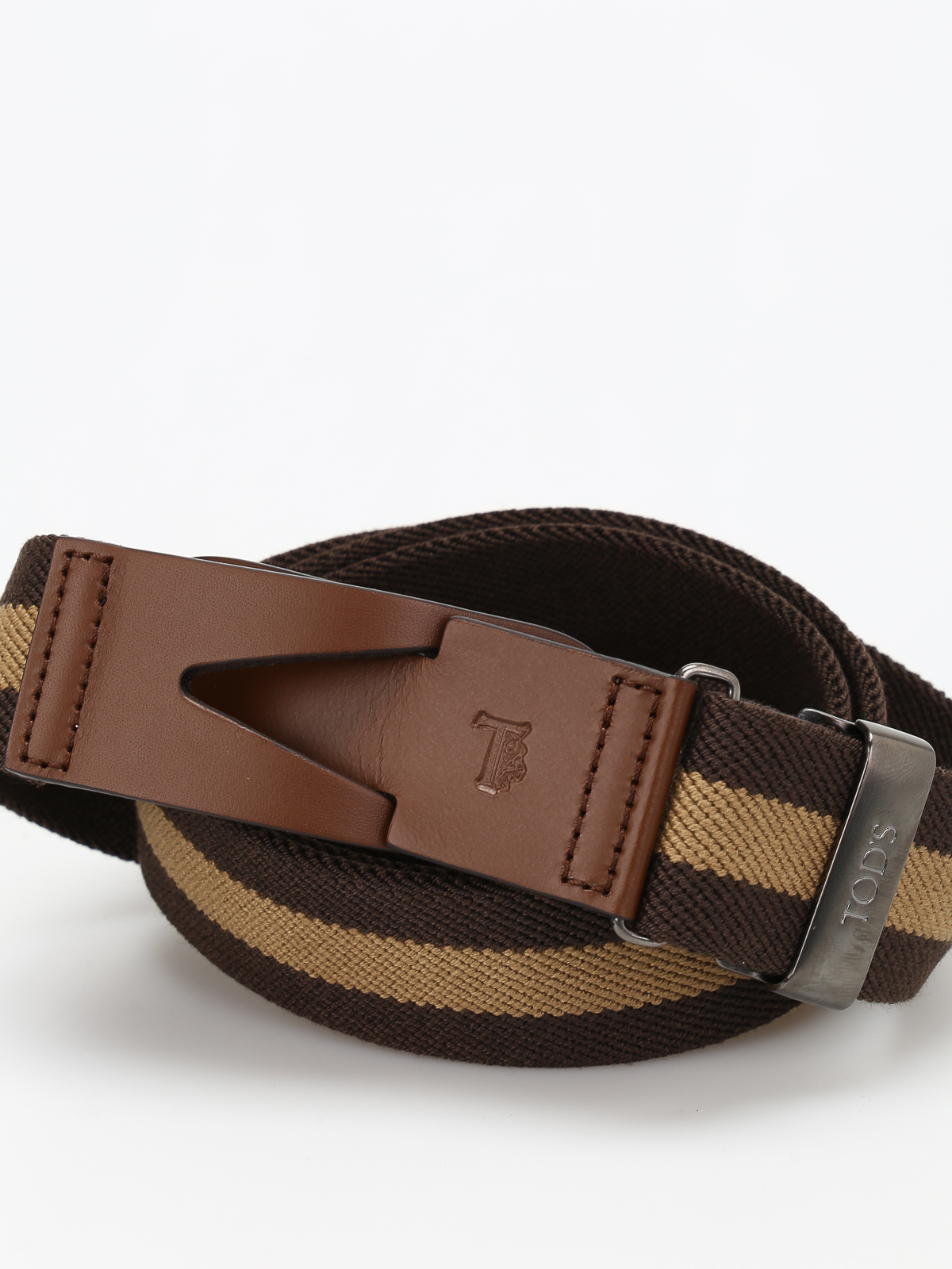 Shop Tod's Canvas And Leather Greca Belt In Brown