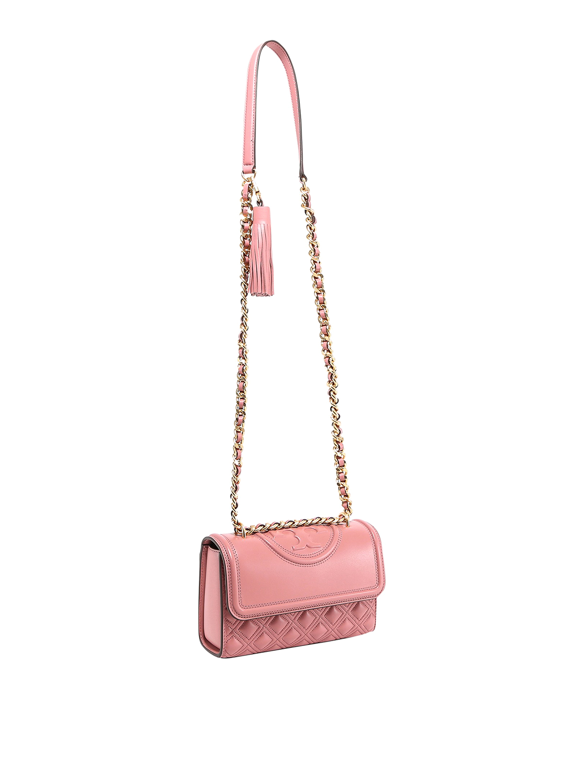 Tory Burch Fleming Crossbody Rose Pink Metallic Leather Gold Tassel Bag