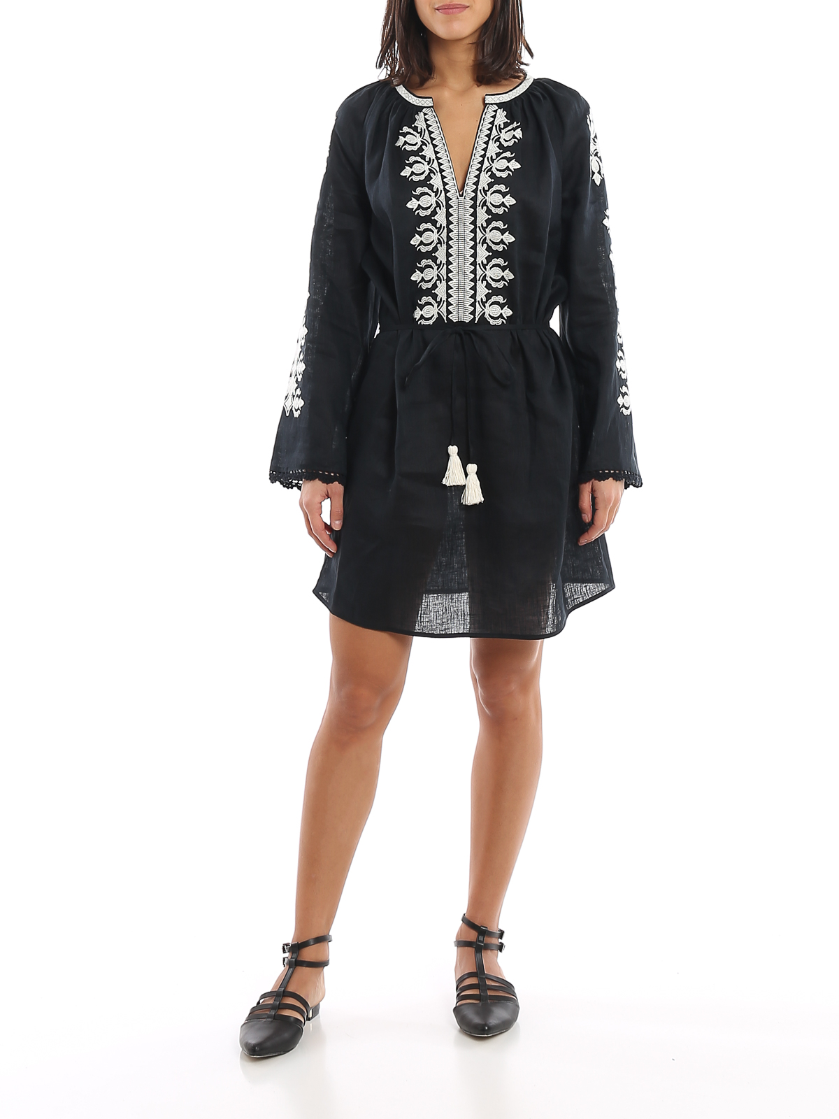 green emerald velvet dress Octavia Linen Blend Dress-Embroidered Chambray main image 0