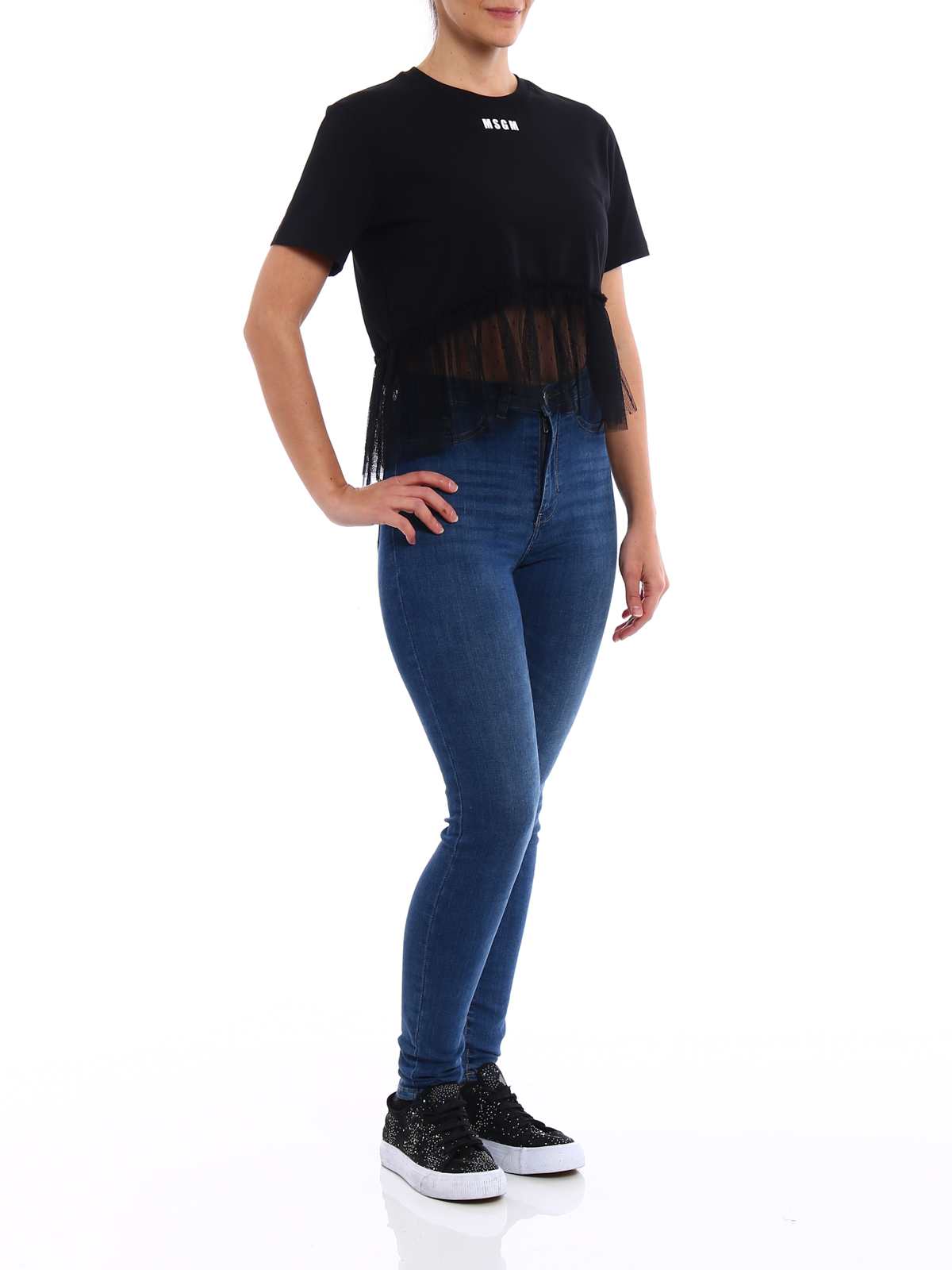 M.S.G.M. Tulle peplum crop Tee - Black - Women|2341MDM91Y17477699
