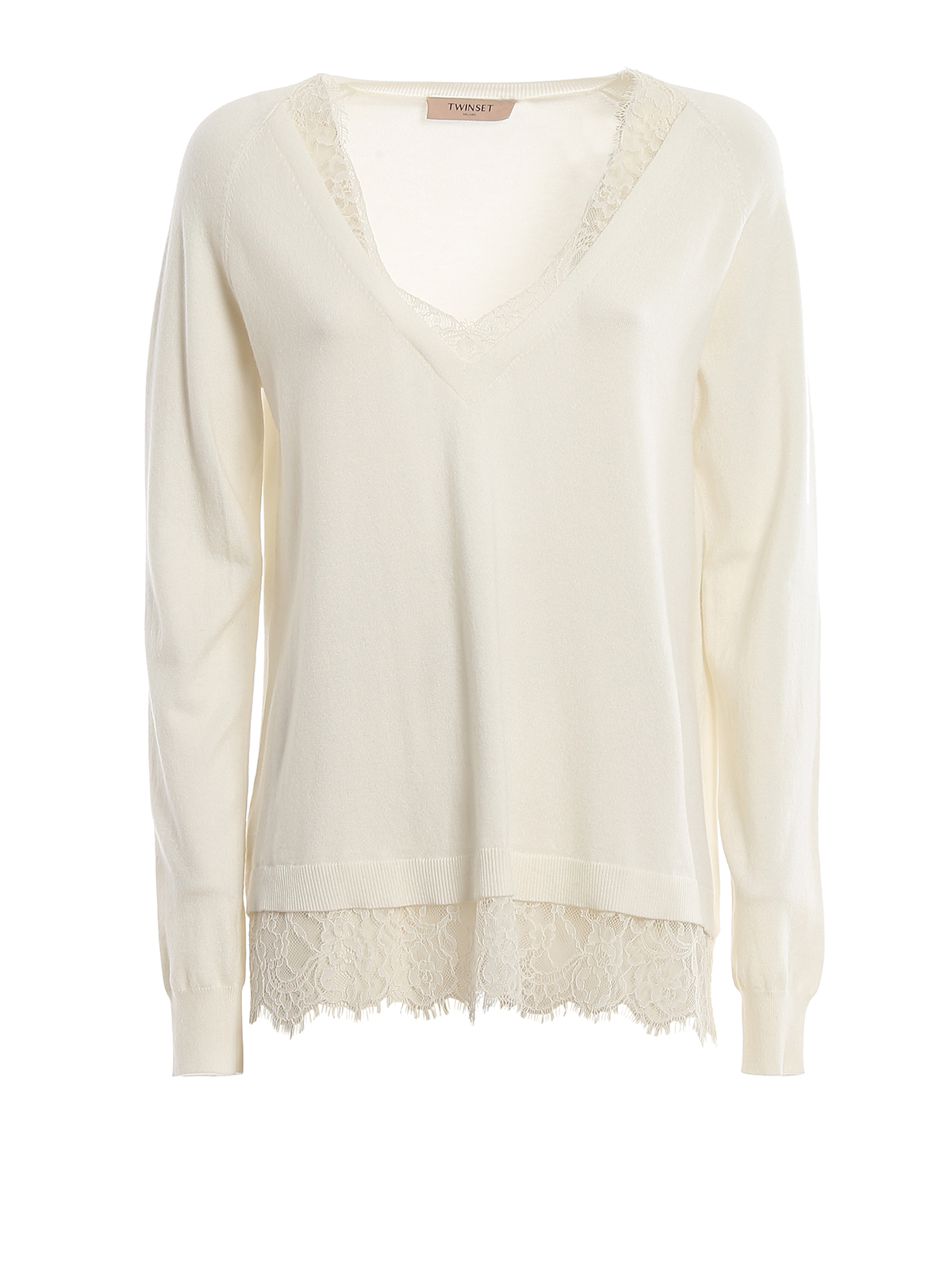 Twinset Lace trimmed viscose blend V neck sweater|192TP316100282