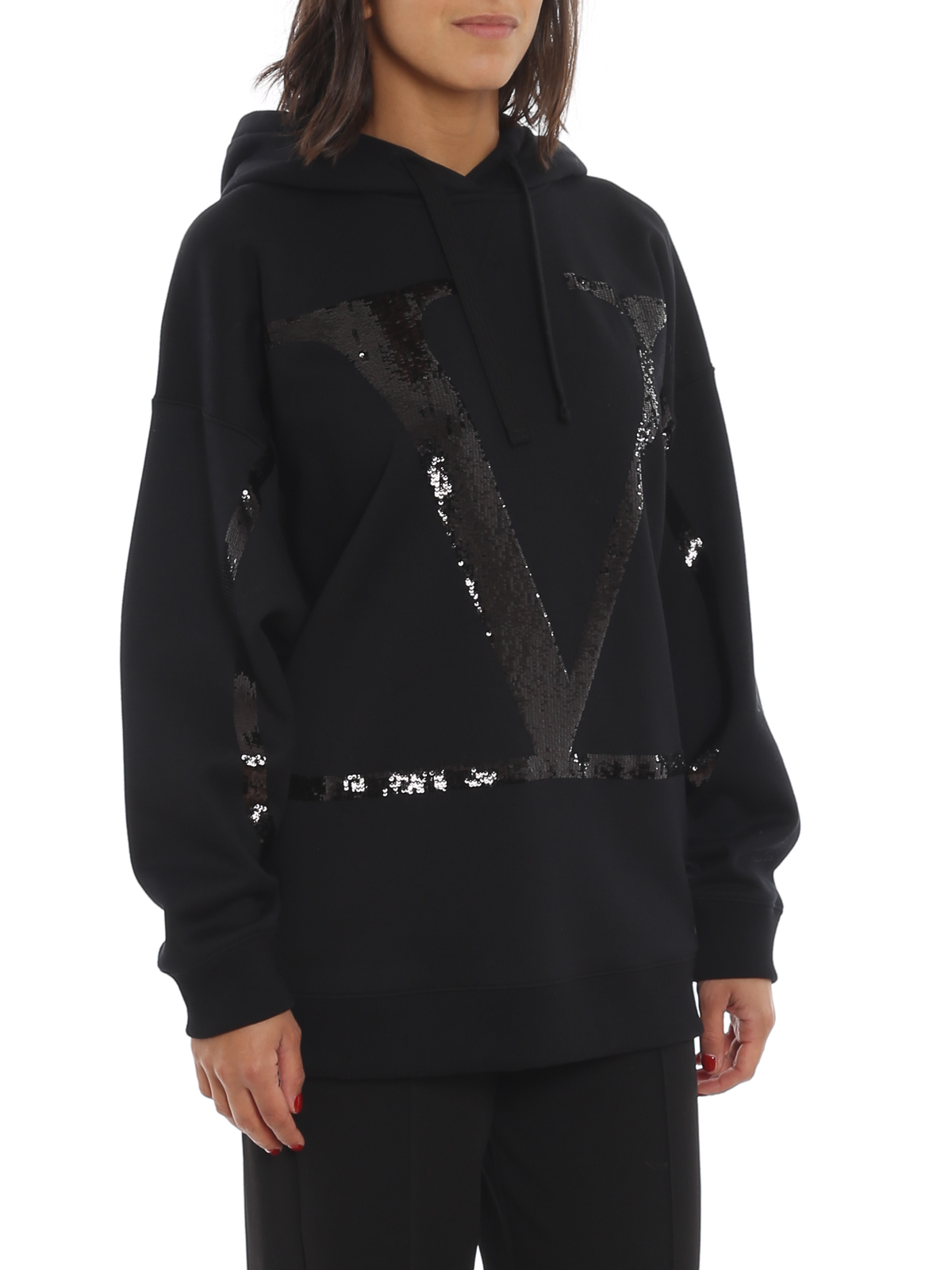 パーカー・フーディ [VALENTINO] Vlogo Signature Cotton Hoodie Valentino Black cotton hooded sweatshirt with V detail