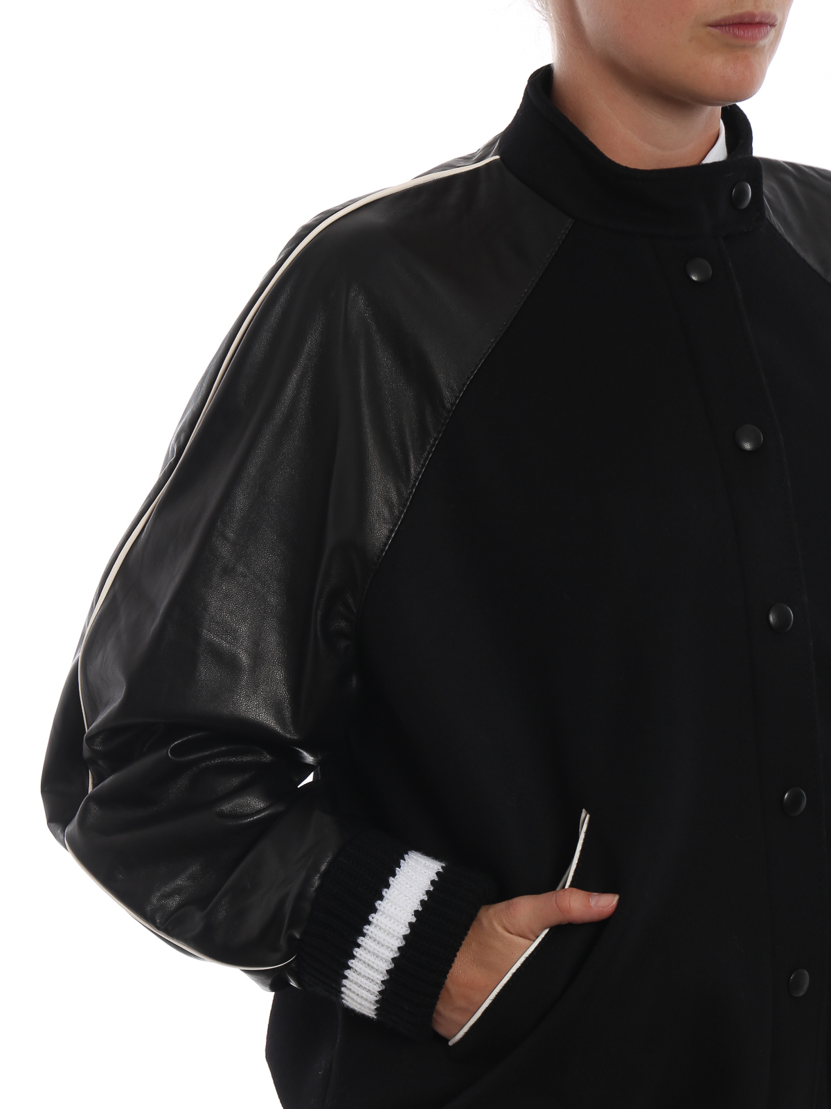 Shop Valentino Vltn Nappa Sleeve Wool Cloth Bomber Jacket In Negro