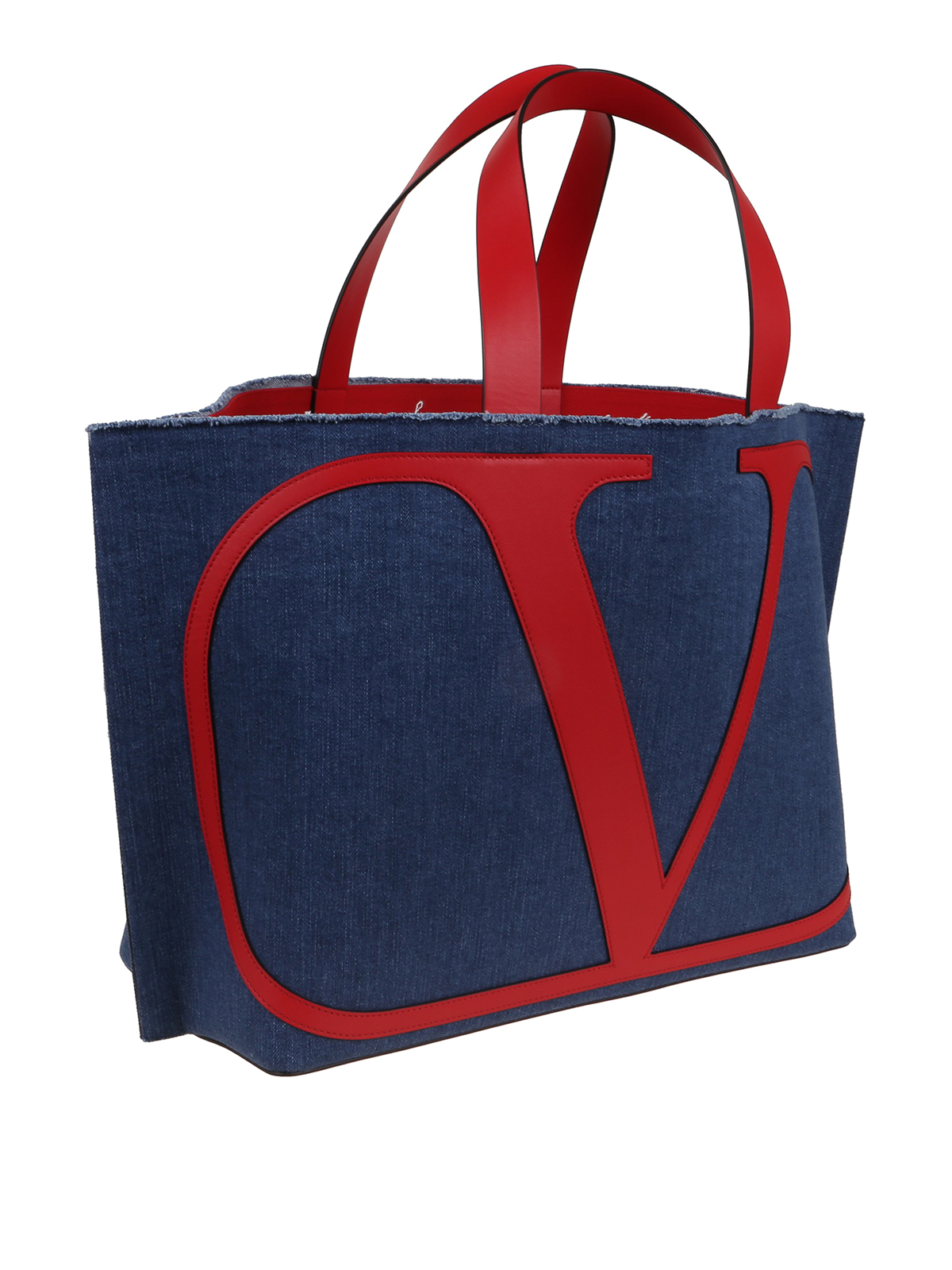 Valentino Garavani Leather Vlogo denim tote - Red