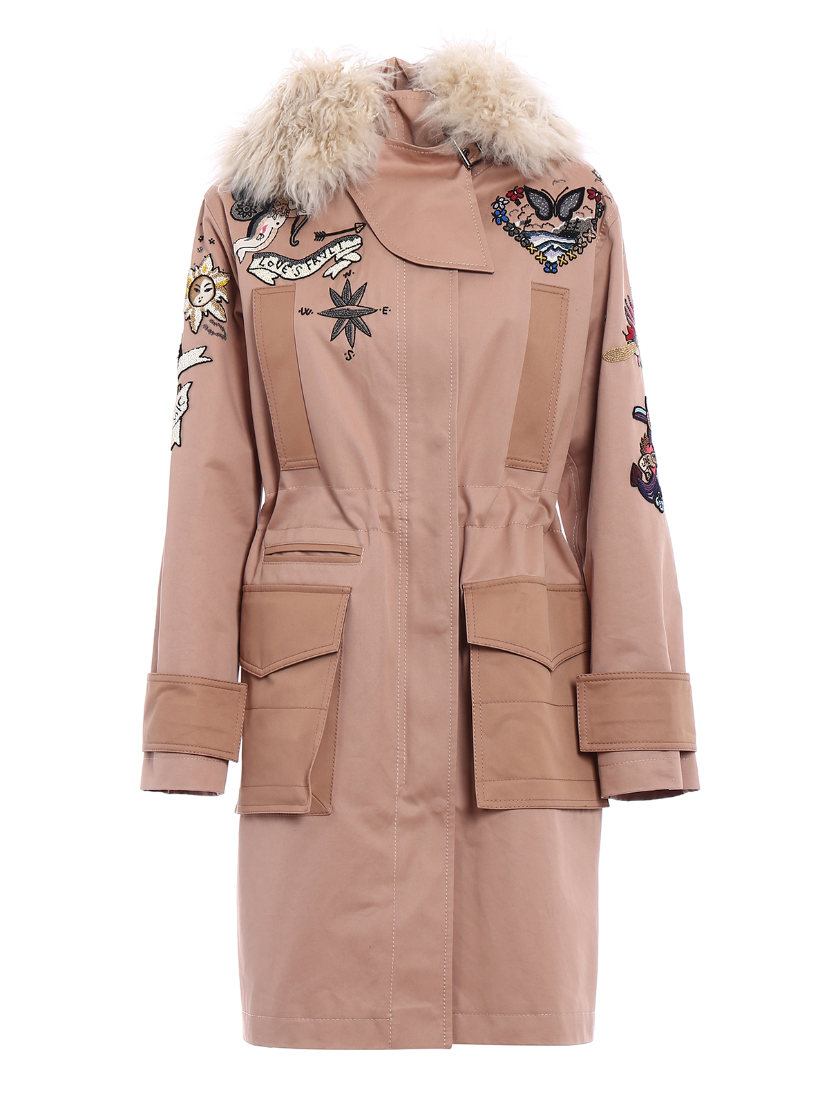 Valentino Fur Trim Tattoo Embroidered Parka In Nude