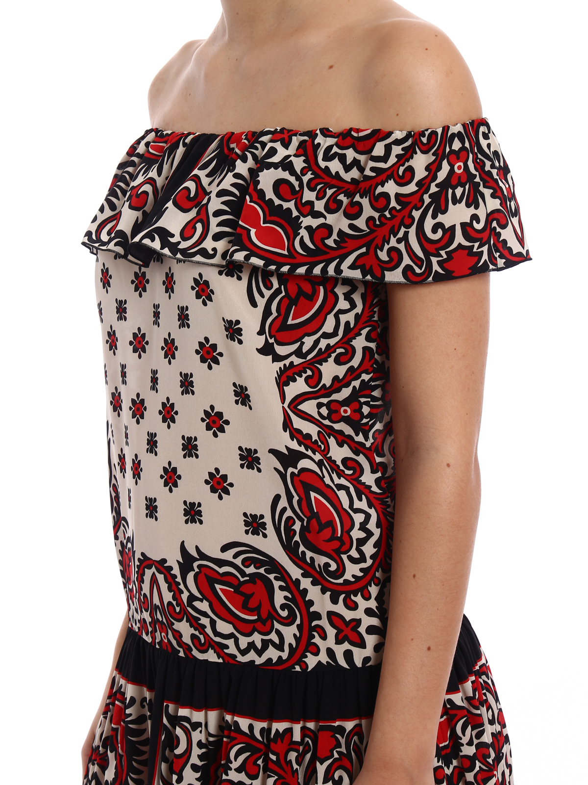 valentino red off the shoulder dress Valentino Red Off-shoulder printed silk dress|PR0VA6K53MLC61
