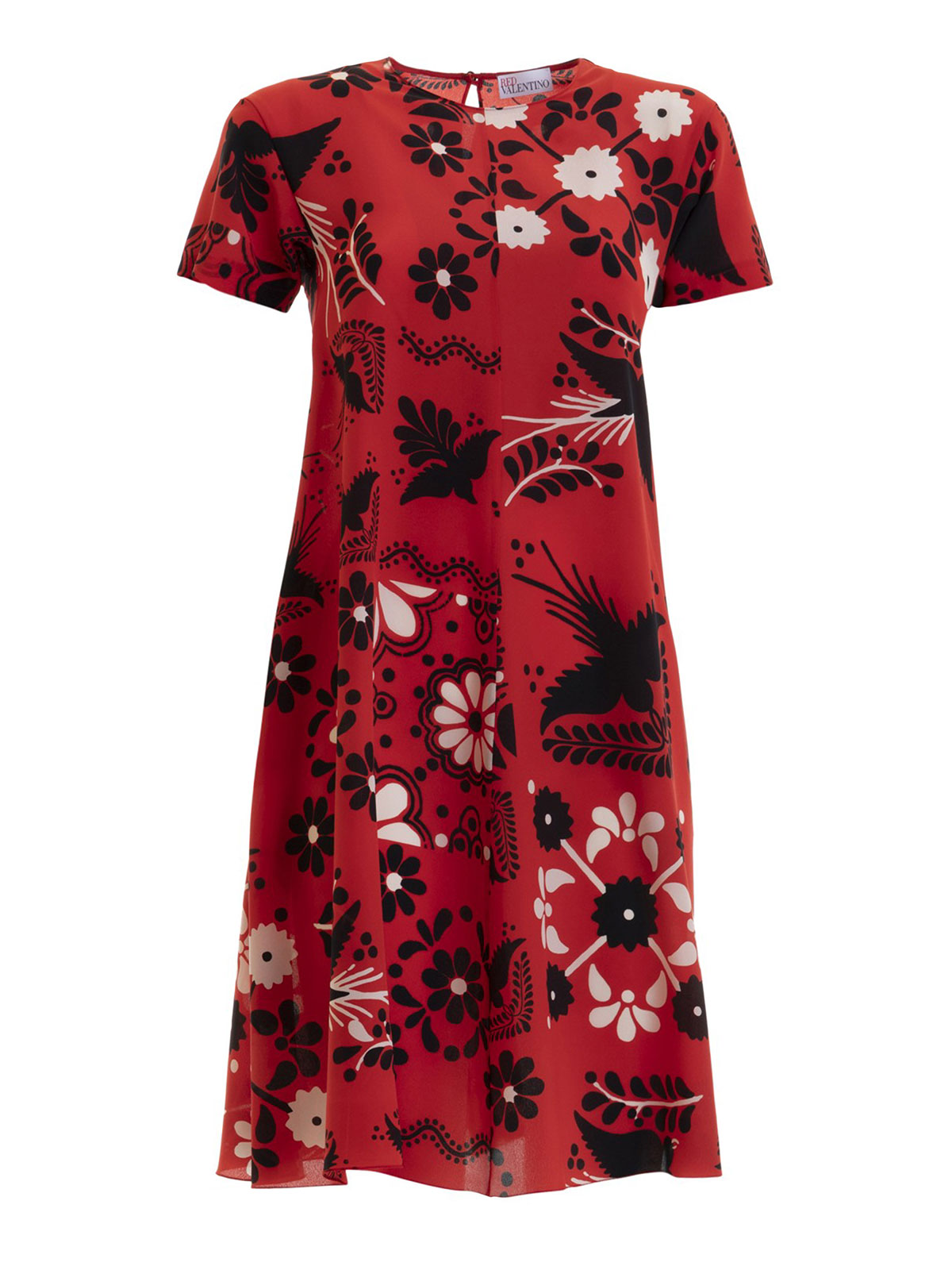 Valentino Red Flower print silk crepe de chine flared dress|RR0VA6P5UWZMM0