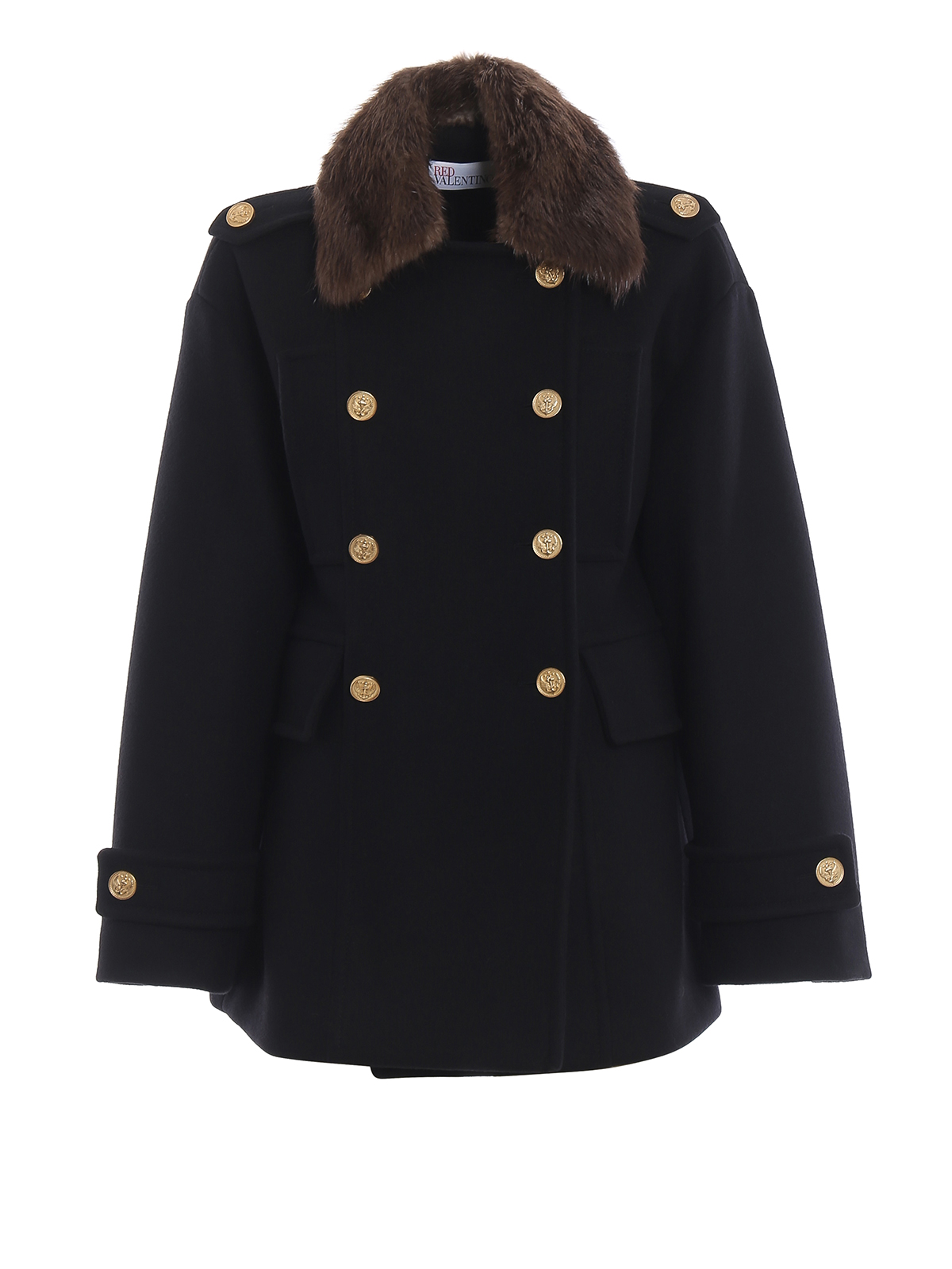 coats Valentino Red - Beaver fur collar double-breasted pea coat - QR0CI0P52LC0NO