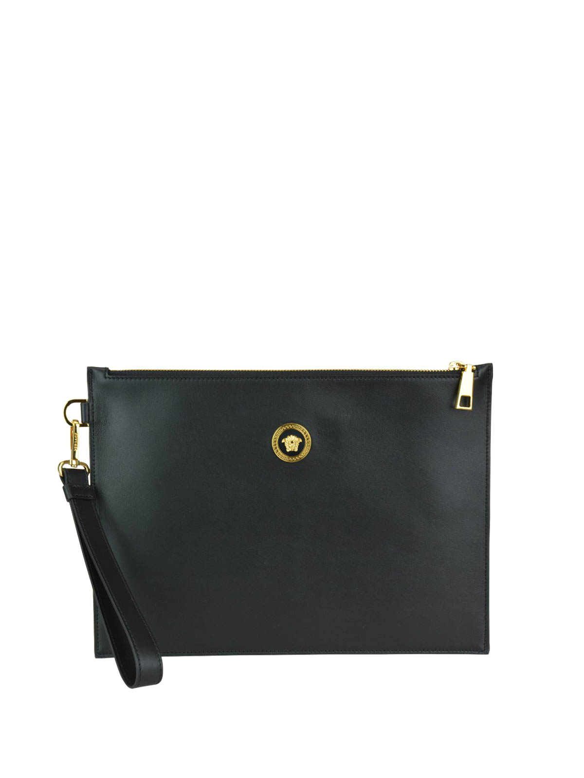 Versace Medusa Head detailed black leather clutch