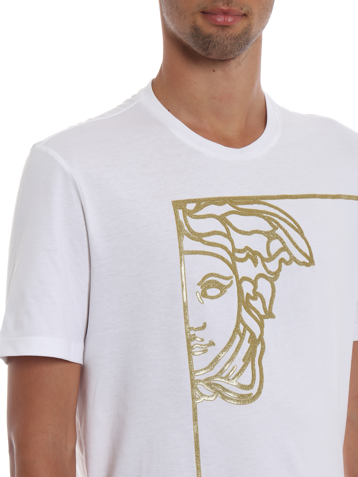 Kom forbi for at vide det Snavs Ekspert T-shirts Versace Collection - Gold-tone glitter Medusa print T-shirt -  V800683RVJ00472V7102