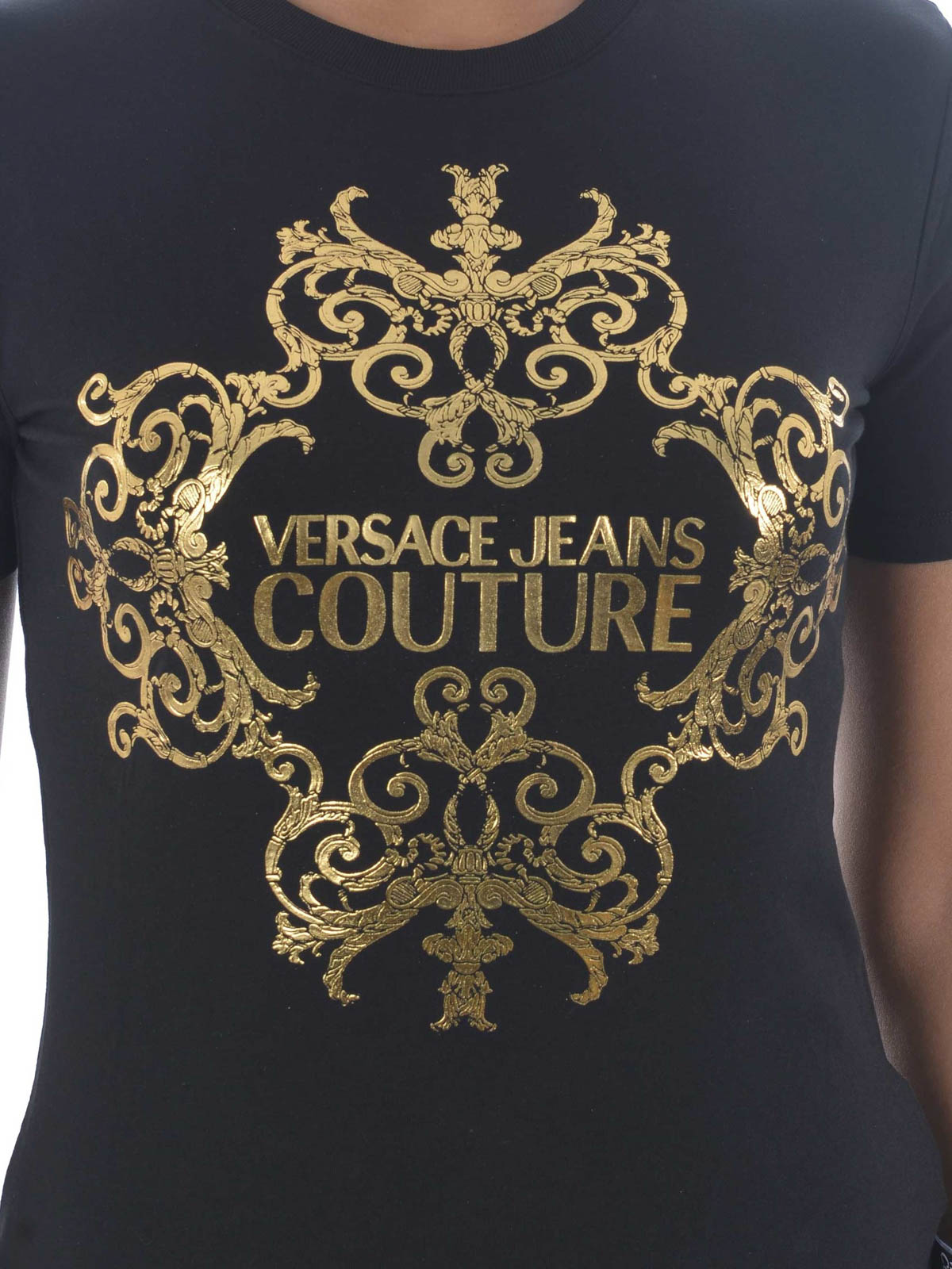 aborre januar bronze T-shirts Versace Jeans Couture - Gold-tone logo print black T-shirt -  B2HUA7AE30215899